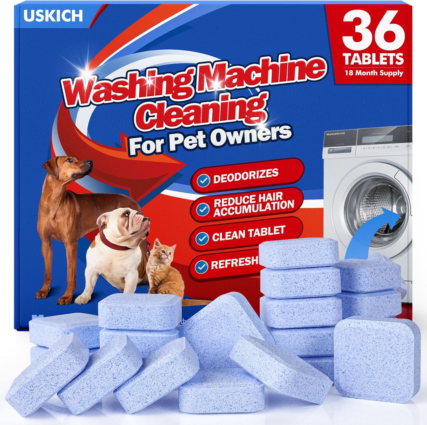 Washing Machine Cleaner - 36 Pack - 18 Month Supply Washing Machine Cleaning Tablets Formulated for Pet Owners, Easy Pet Hair Remover