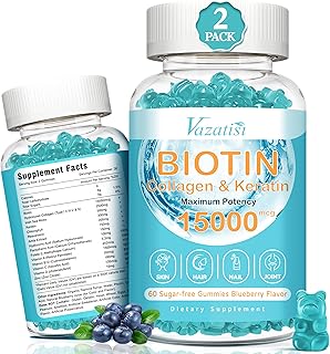 15000 mcg Biotin with Collagen Gummies, Hair Skin and Nails Gummies, Vitamin C Zinc for Women Men Muscle Joint & Immunity - Blueberry Flavor, 2 Pack 120 Ct