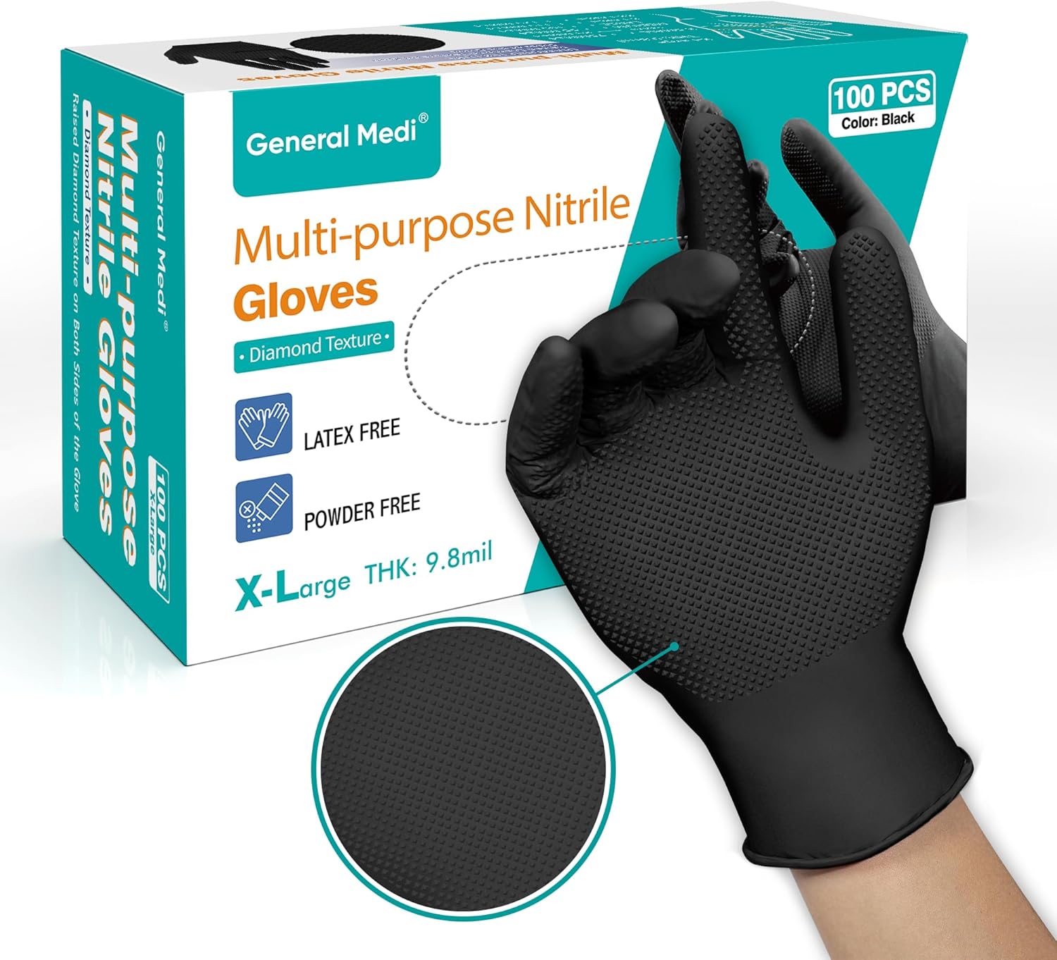 General Medi Nitrile Industrial Gloves with Raised Diamond Texture, 100 Count Thick (XL)