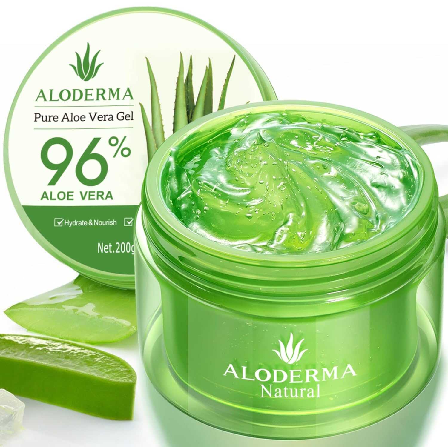 Aloderma Organic Aloe Vera Gel for Face & Body, 96% Pure Aloe Gel Made within 12 Hours of Harvest, Ideal for Skin, Scalp, & Hair Hydration, Calming Moisturizer for Soothing After Sun Care, 7.05oz