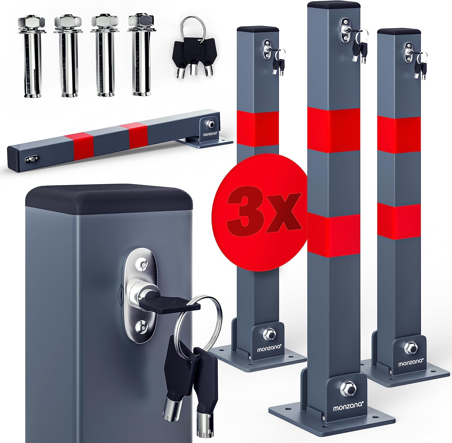 MONZANA® 3X Parking Barrier Bollards for Driveway Security Parking Bollard | Folding Reflective Car Space Barrier for Private Driveways Lock Post Bollard | 65.5cm Fold Down to 7.5cm | 3 Keys