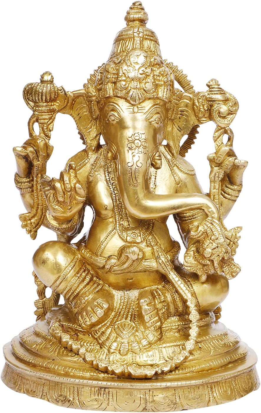 Brass Ganesha Idol Mangalkari Jewellery Ganesh Sitting Murti for Home Entrance Decor Marriage Gift Good Luck Success Diwali Festival Chaturthi Puja Height 10.5 Inches