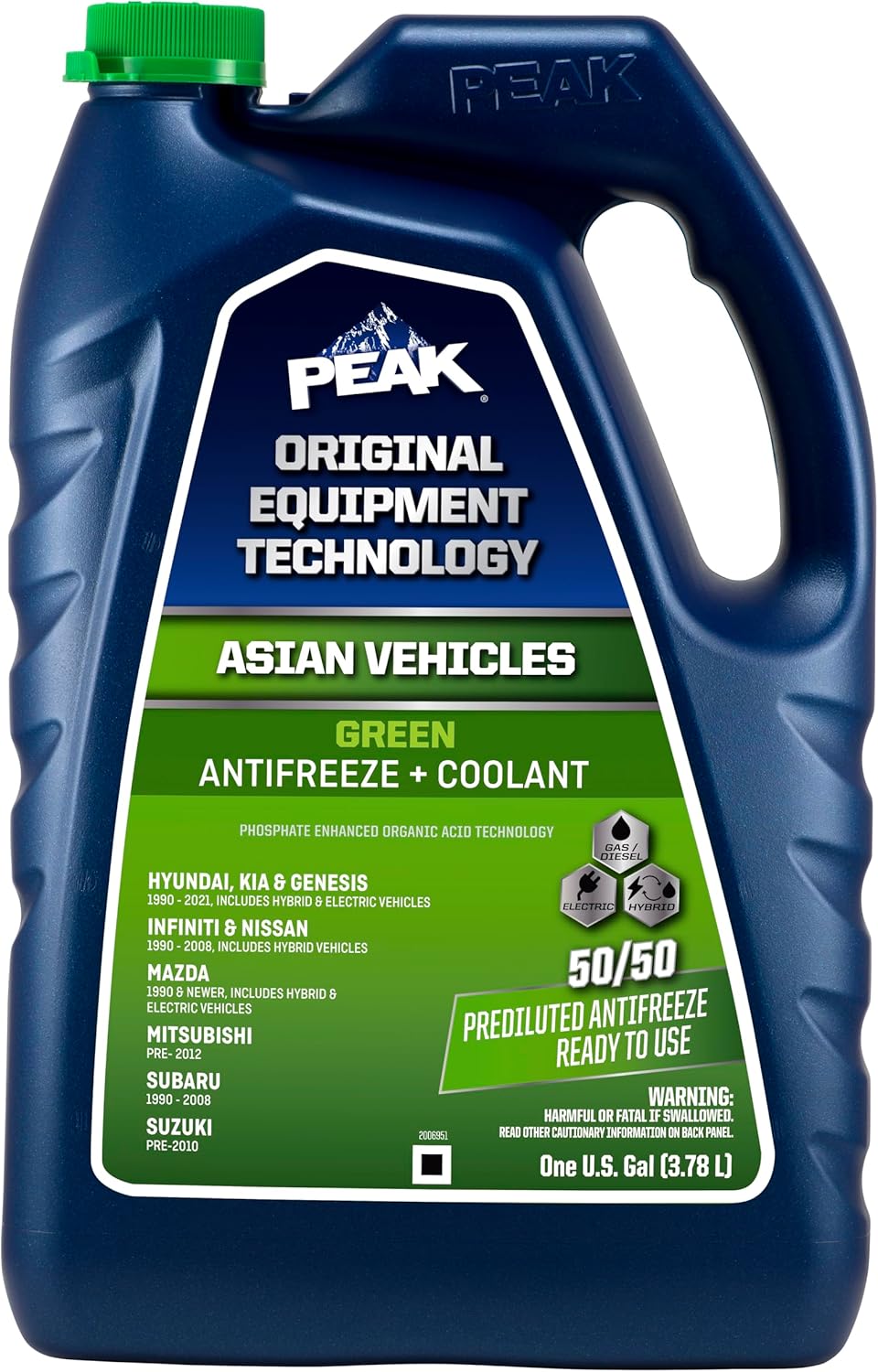 PEAK OET Extended Life Green 50/50 Prediluted Antifreeze/Coolant for Asian Vehicles, 1 Gal.
