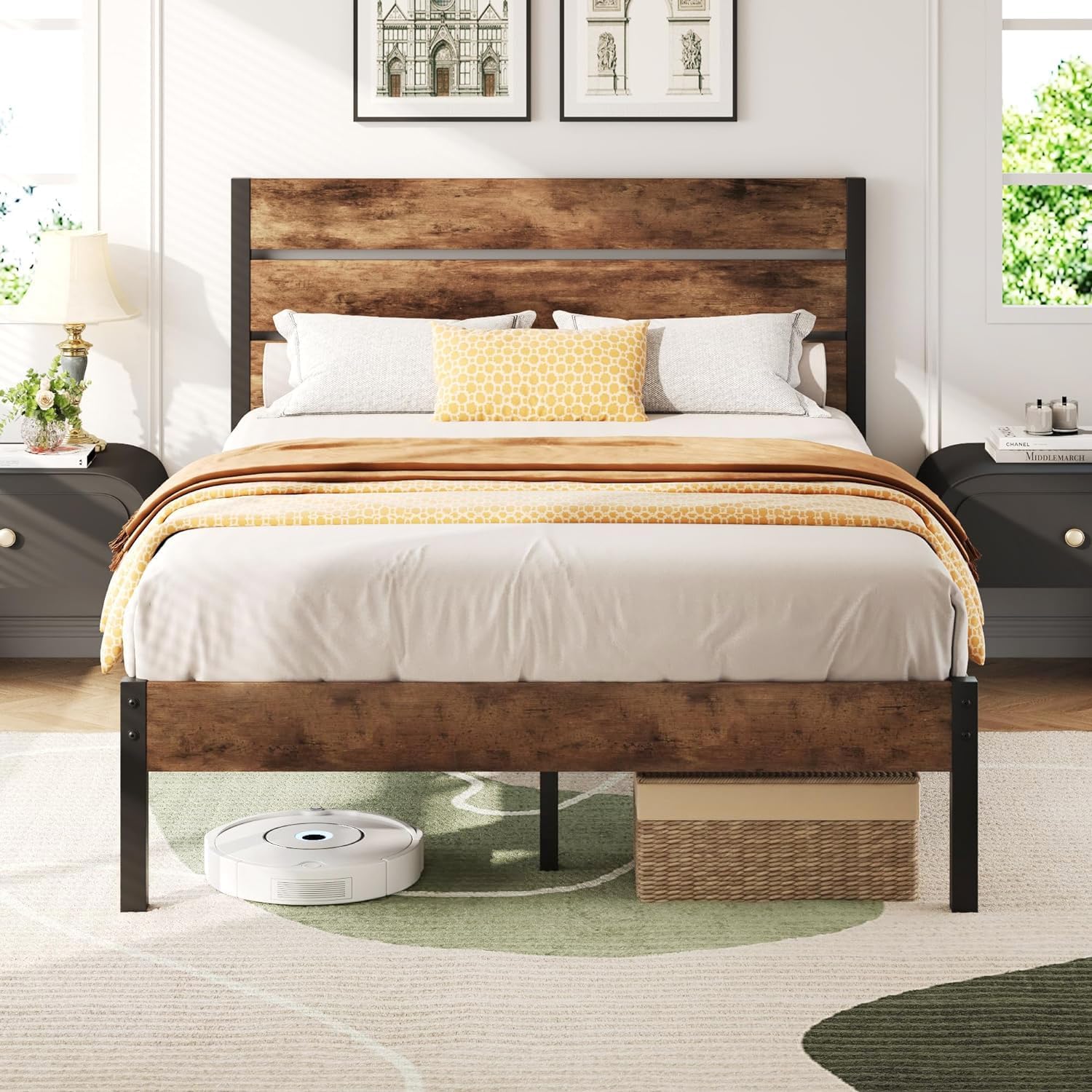 Lifezone Full Bed Frame with Headboard and Footboard, Metal Full Bed Frame with Under-Bed Storage, All-Metal Support System, No Box Spring Needed, Easily Assemble, Vintage Brown