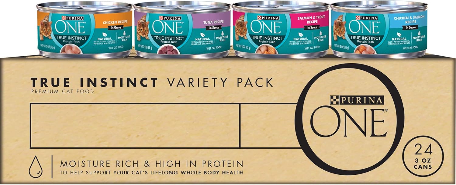 Purina ONE Natural, High Protein Wet Cat Food Variety Pack, True Instinct Chicken, Tuna, Salmon and Trout Recipes - (Pack of 24) 3 oz. Cans