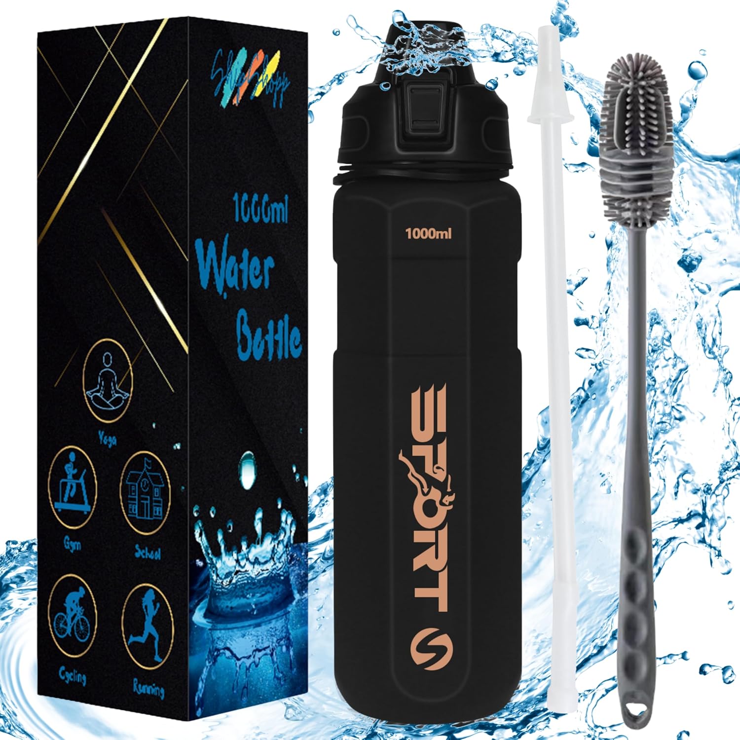 Shipshopp Water Bottle 1l Leakproof Sports Water Bottle with Straw and Cleaning Brush - BPA Free Smell Proof Drinks Bottle for Running, Gym, Camping, Hiking, School, Cycling, Office, Outdoor - Black