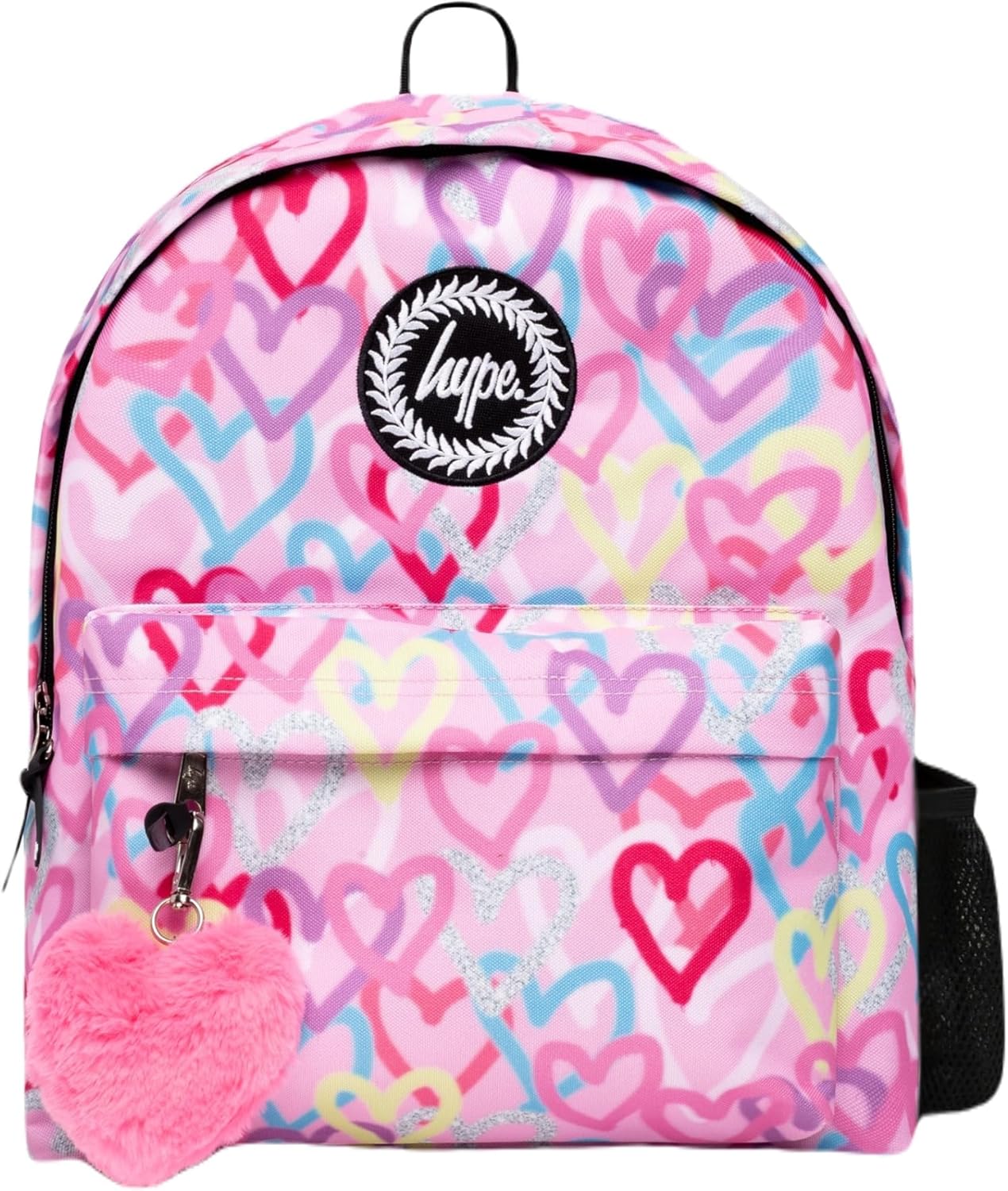 hype Girls Backpack, Pink with Graffiti Style Hearts, School Bag for Kids, Comfortable Rucksack with Bottle Holder, 3 Storage Compartments, Padded, Adjustable Straps & Grab Handle