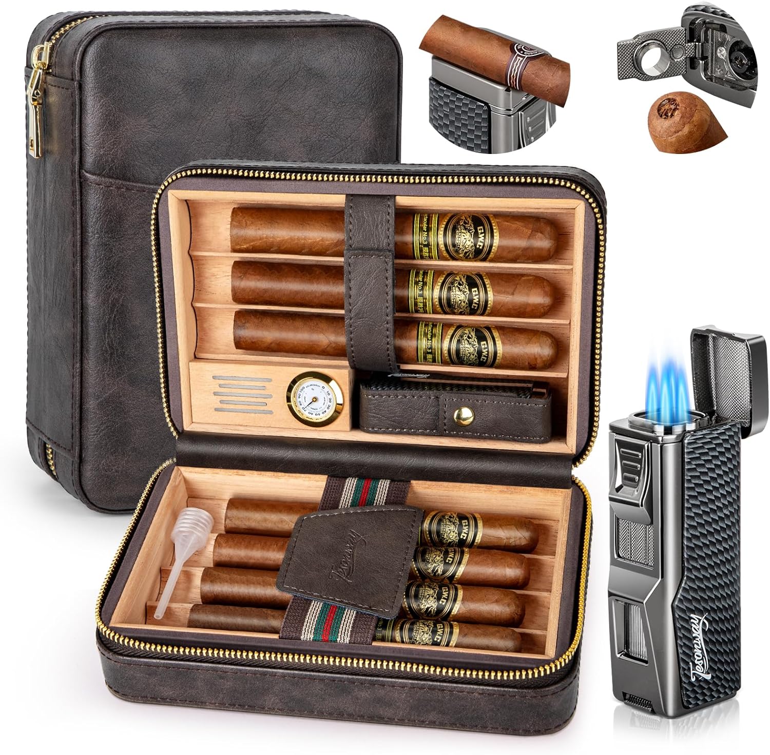 Cigar Humidor, Travel Humidor Cigar Box and Cigar Lighter, Leather Cigar Case with Cedar Wood Tray, Hygrometer, Humidifier, Portable Cigar Humidor Cigar Accessories for Men, Holds 7 Cigars