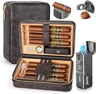 Cigar Humidor, Travel Humidor Cigar Box and Cigar Lighter, Leather Cigar Case with Cedar Wood Tray, Hygrometer, Humidifier, Portable Cigar Humidor Cigar Accessories for Men, Holds 7 Cigars