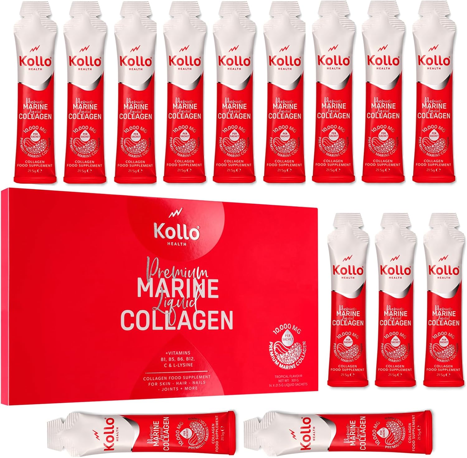 Kollo Premium Marine Liquid Collagen, 10,000 mg with Hyaluronic Acid, 14 x 10000mg Hydrolysed Collagen Peptides Sachets, Liquid Collagen Supplements Vitamins B & C, Informed Sport Certified