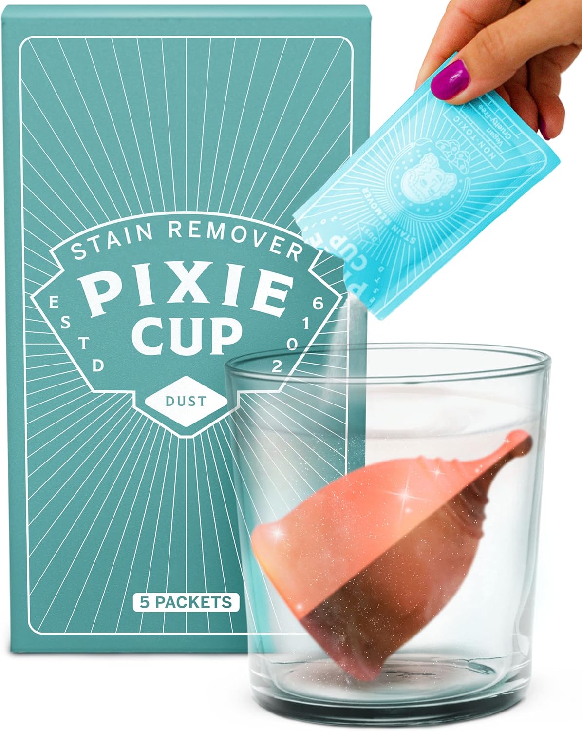 Pixie Cup Stain Remover for Wash Menstrual Cup - The Only Sterilizer Cleaner that Will Remove Stains On Your Reusable Menstrual Discs & Period Cups - Organic and Natural Ingredients (5 Packets)