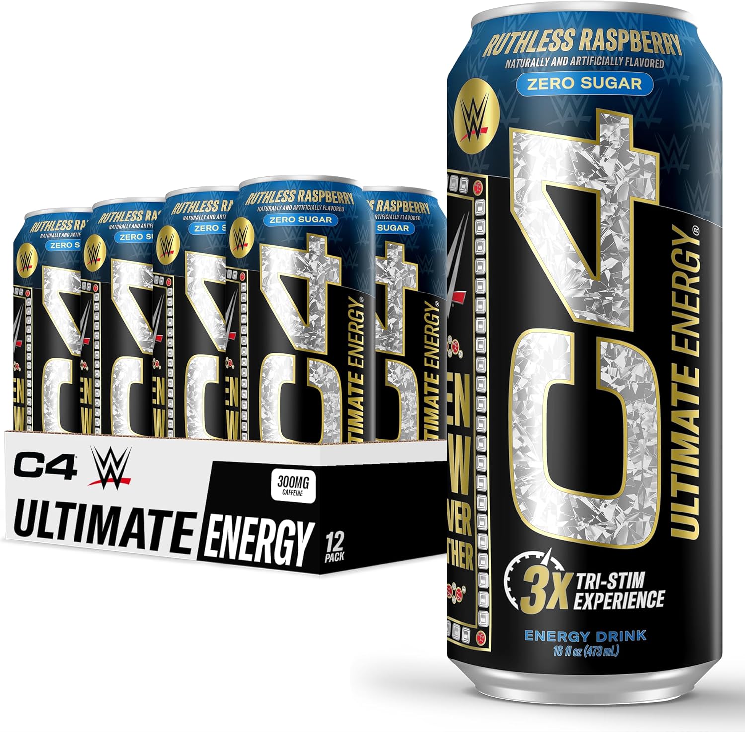 Cellucor C4 Ultimate x WWE | Pre Workout Sugar Free Energy Drink | Tri-Stim Experience with 300mg Caffeine + TeaCrine + Dynamine | Ruthless Raspberry | 16oz (Pack of 12)
