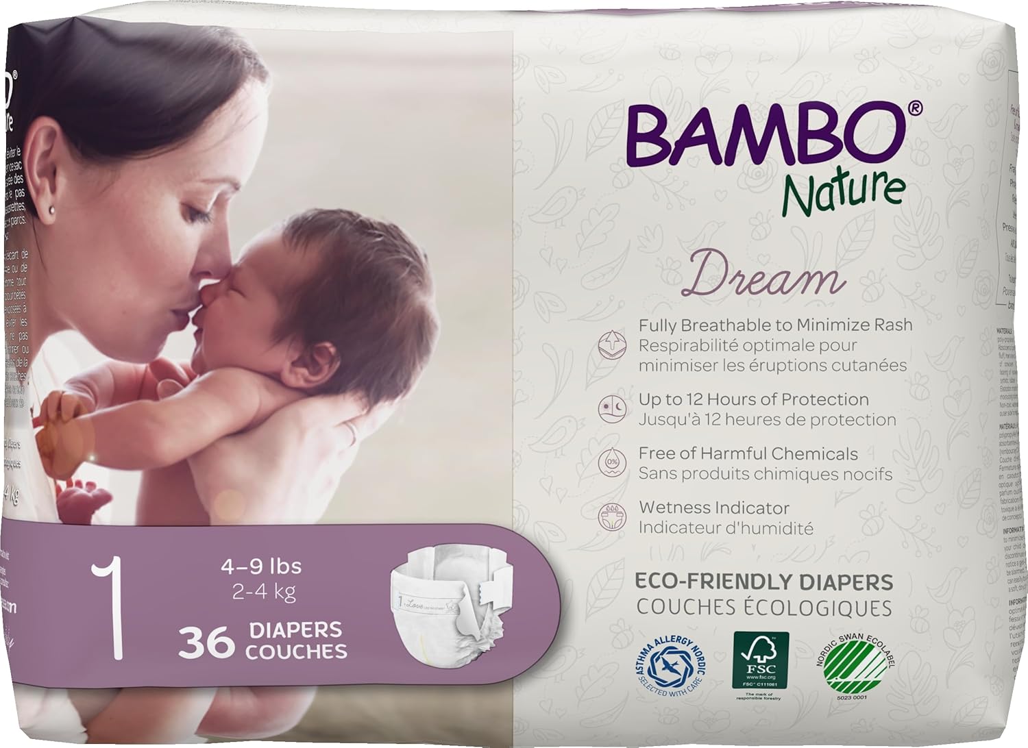 Bambo Nature Premium Baby Diapers - French/English Packaging, Size 1, 36 Count