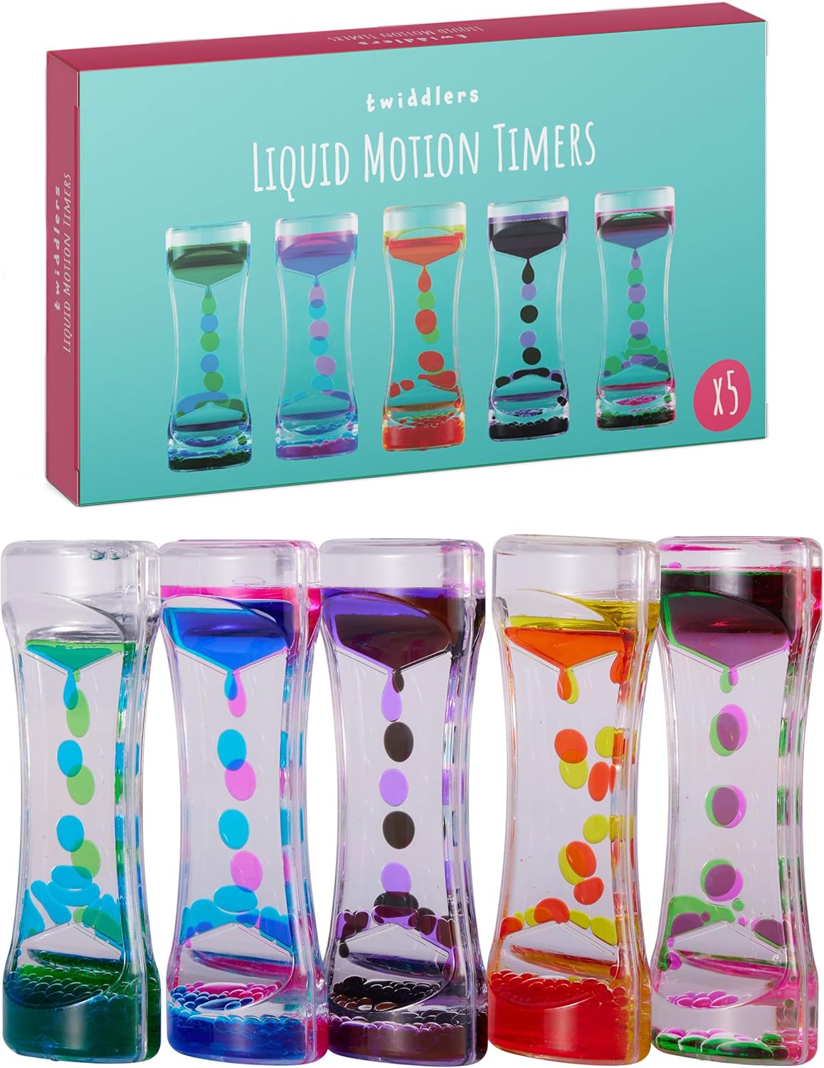 THE TWIDDLERS 5 Liquid Motion Timers Sensory Timer Hourglasses - 14cm, 5 Colours - Kids Water Bubble Lava Lamp Calming Sensory Toys for Autism, Stress Relief, Relaxation, ADHD