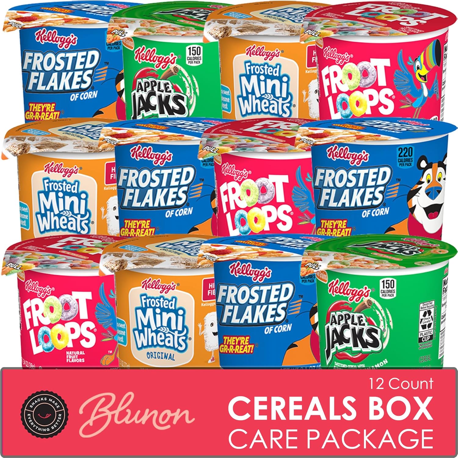 Cereal Cups Variety Pack - Single Serve Breakfast Cereal Assortment - Mini-Wheats, Frosted Flakes, Froot Loops, Apple Jacks - Care Package Gift Box (12 Count)