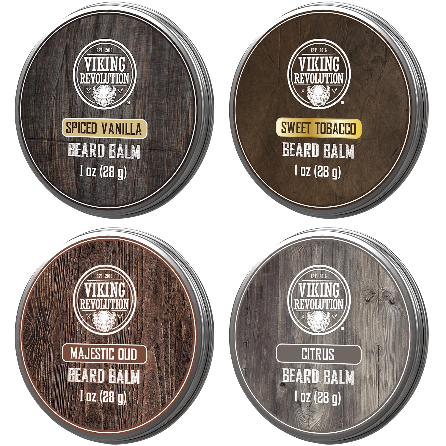 Viking Revolution 4 Beard Balm Variety Pack (1oz Each)- Spiced Vanilla, Sweet Tobacco, Majestic Oud, Citrus - Beard Butter Styles, Strengthens and Softens Beards and Mustaches - Beard Wax for Men