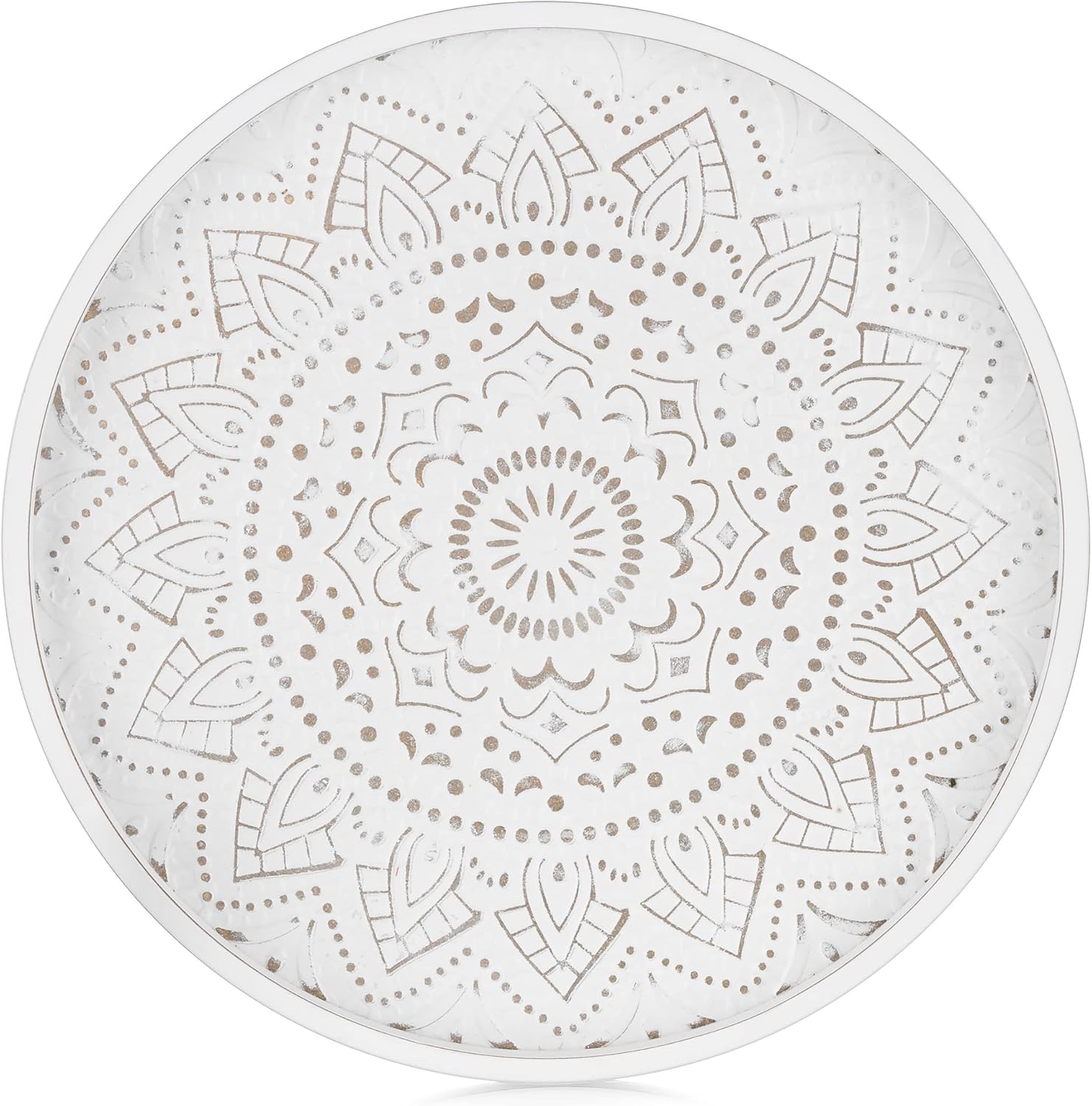 Hanobe Round Decorative Coffee Tray: Rustic White Table Boho Decor Farmhouse Centerpiece Wood Circle Serving Trays for Kitchen Counter Ottoman
