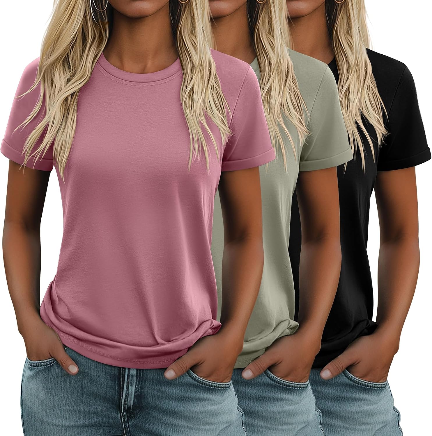 Geyoga 3 Pack Women's Cotton T Shirts Casual Short Sleeve Tunic Tops Crewneck Summer Loose Fit Plain Basic Tee