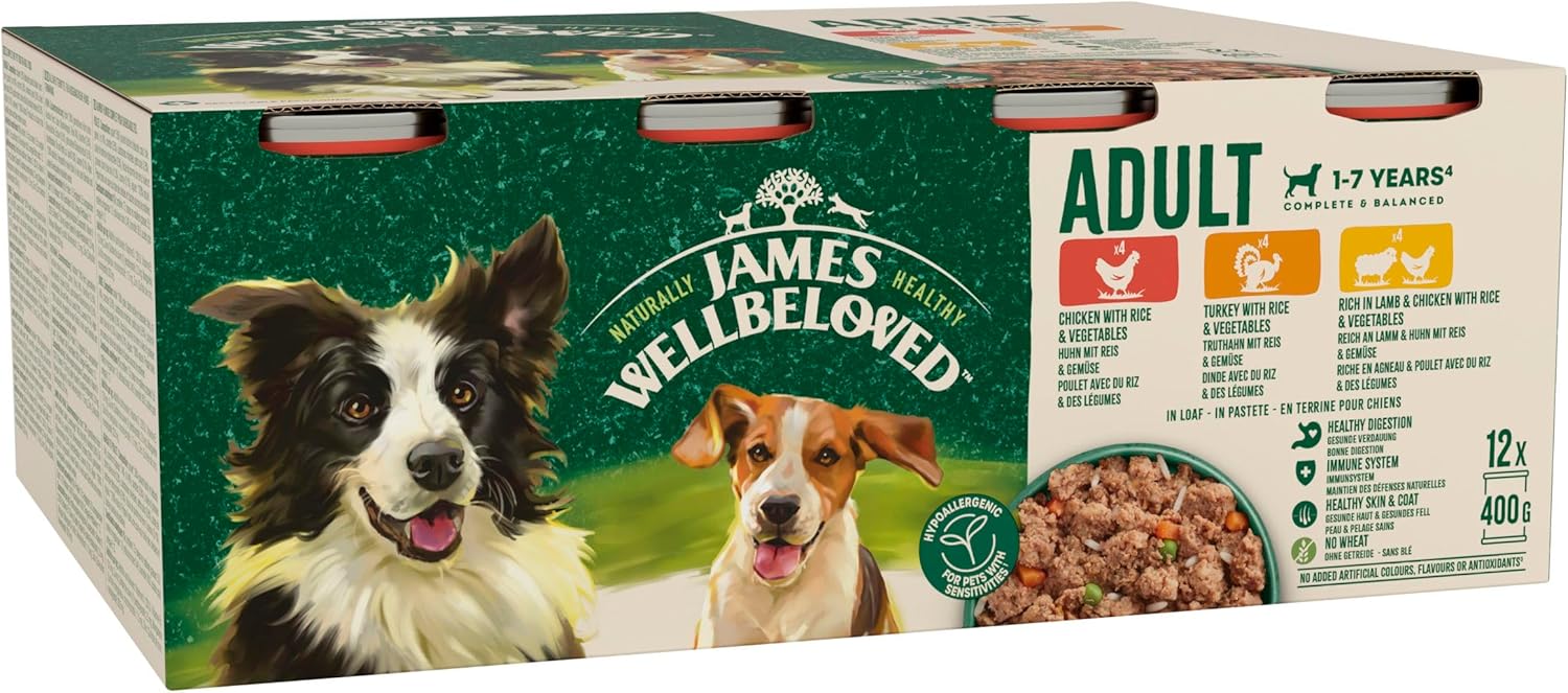 James Wellbeloved Adult Turkey, Lamb and Chicken in Loaf 12 Cans, Hypoallergenic Wet Dog Food, Pack of 1 (12 x 400 g)