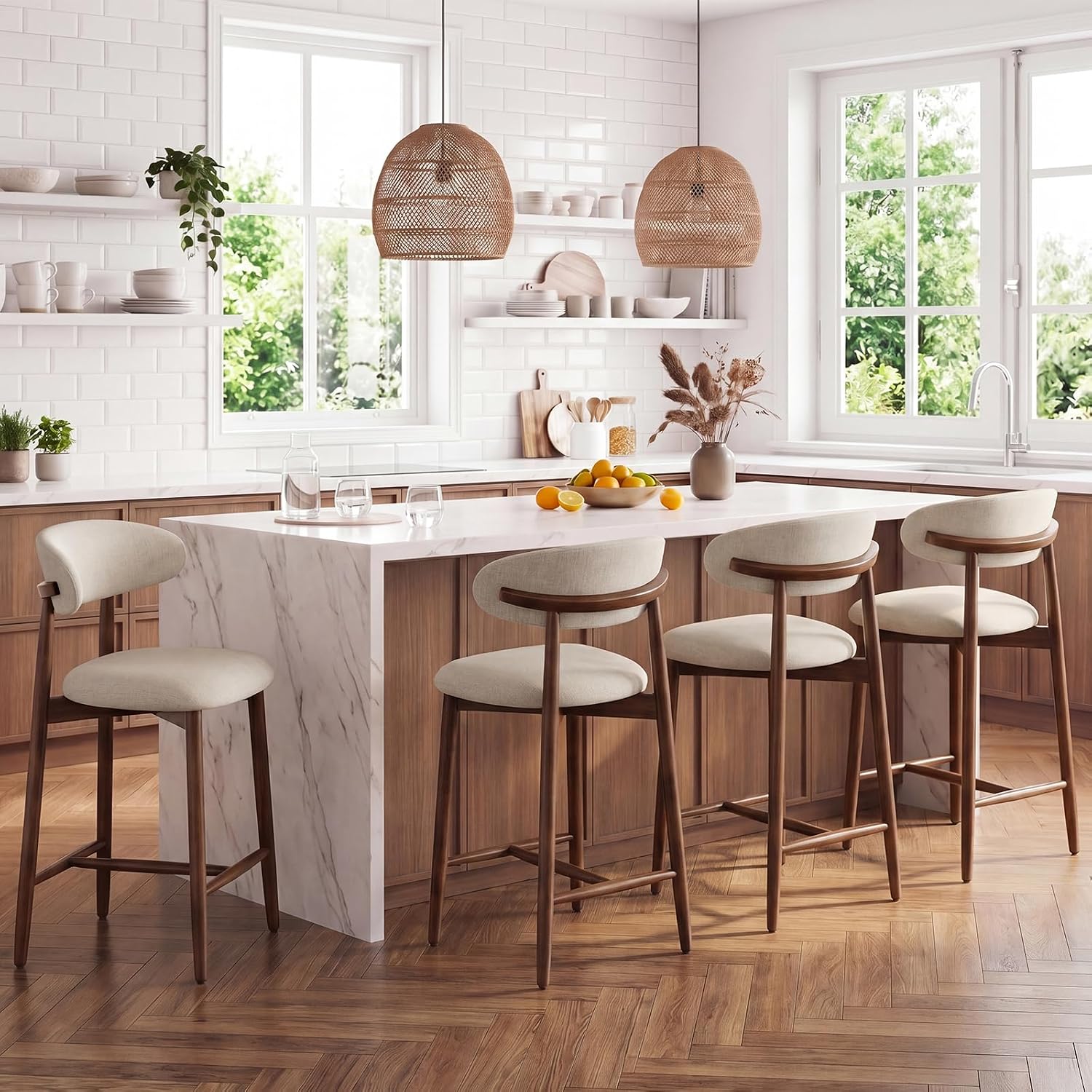 MALOL Counter Height Bar Stools Set of 4, Kitchen Bar Stools with Back, Mid Century Modern Upholstered Barstools with Wood Legs for Kitchen Island, Beige