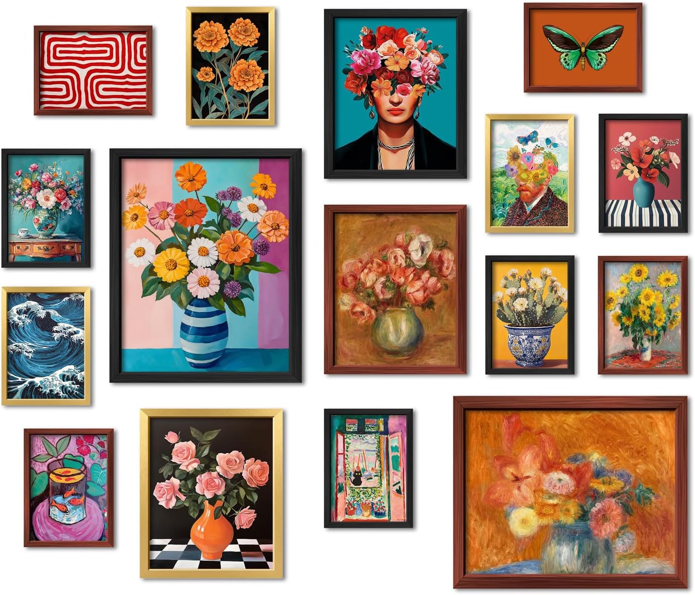 16 PCS Framed Eclectic Wall Art Decor, Modern Maximalist Home Gallery Wall Frame Set Prints for Bedroom Bathroom, Colorful Posters for Living Room Aesthetic, Floral Dorm Artwork Collage Kit Pictures