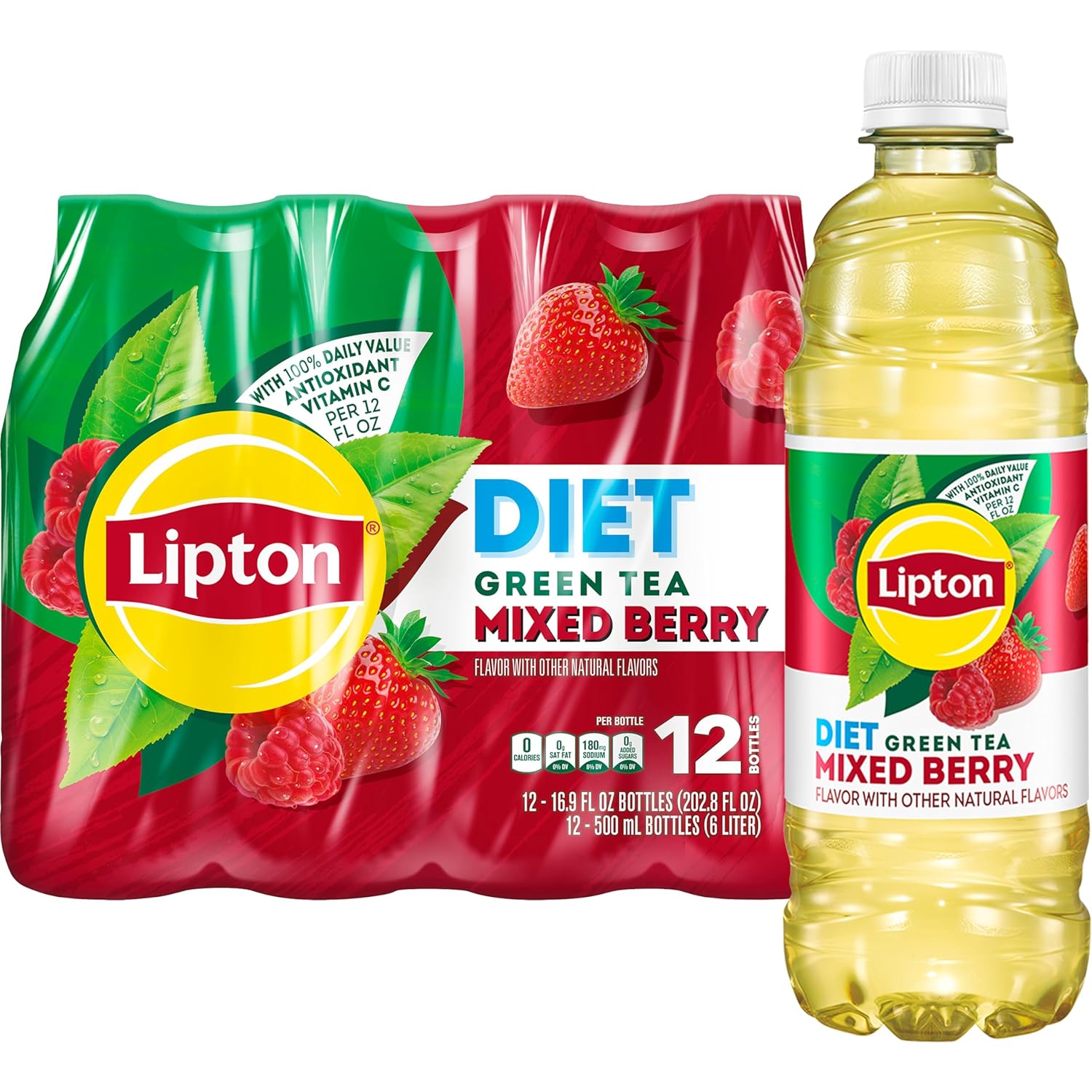 Lipton Diet Mixed Berry Green Tea, 16.9 Fl Oz Bottles (Pack of 12)