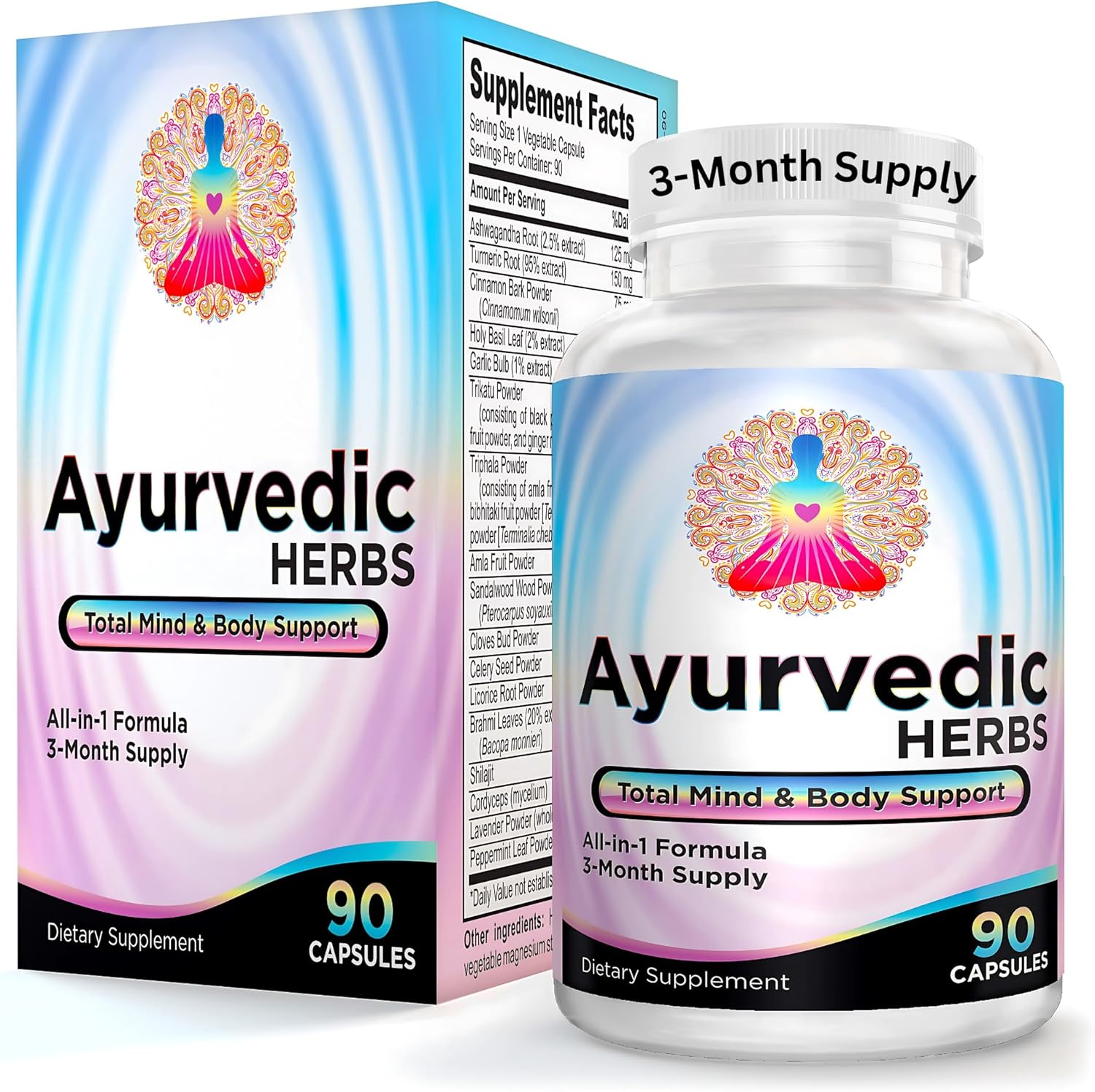 AYURVEDIC Herbs 3-Month Supply (All-in-1) Supplement Blend | Ayurveda Mind Body Spirit Herbal Complex with 17 Active Ingredients | Ayurvedic Supplements | 90 Capsules