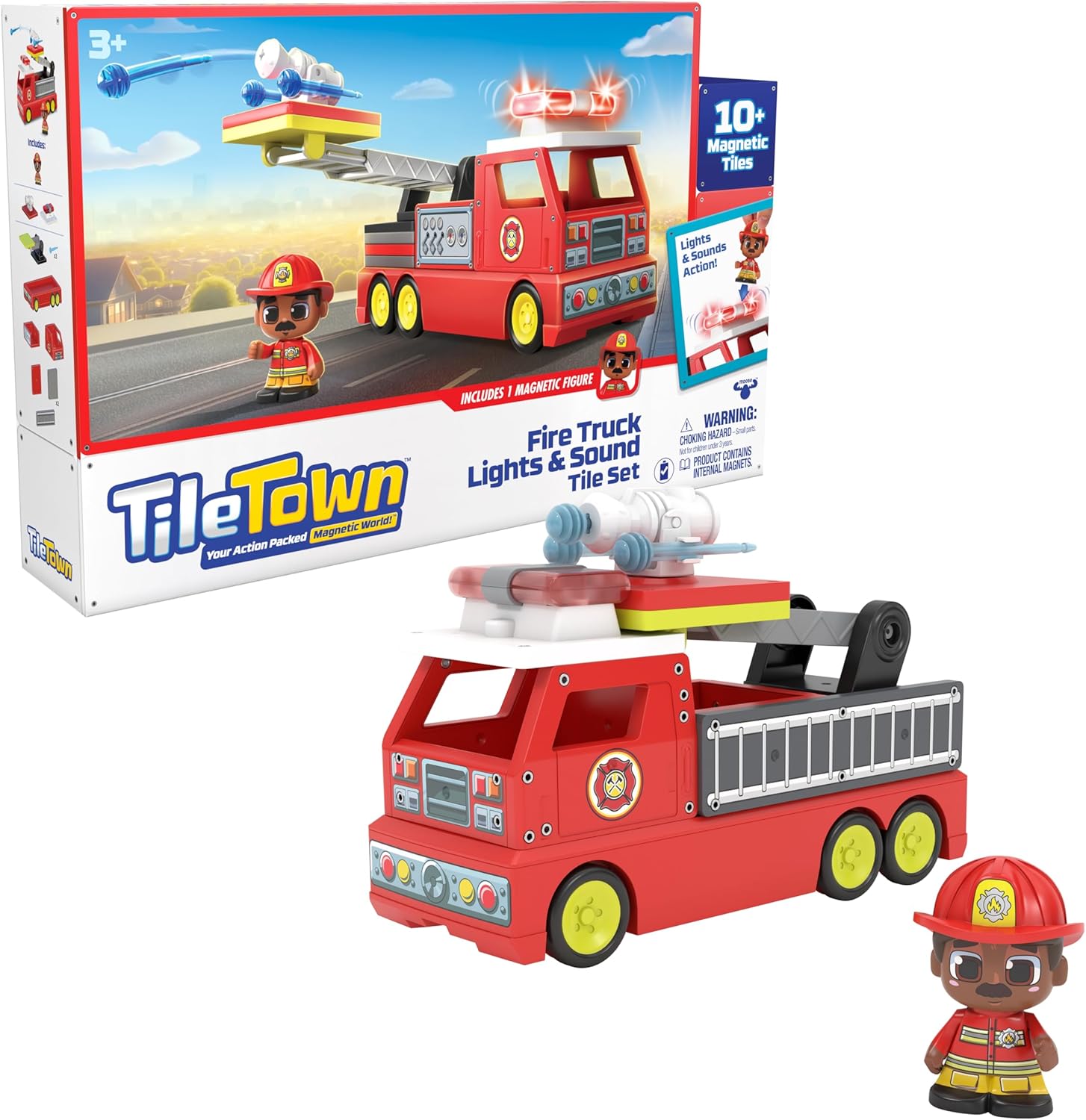 TILE TOWN Firetruck Magnetic Tiles Building Vehicle Playset With Lights & Sounds + Figure, Kids 3-5+, New ACTION TILES for Action Play, Realistic Builds, STEM Creative Toy, Great Gift for Boys & Girls