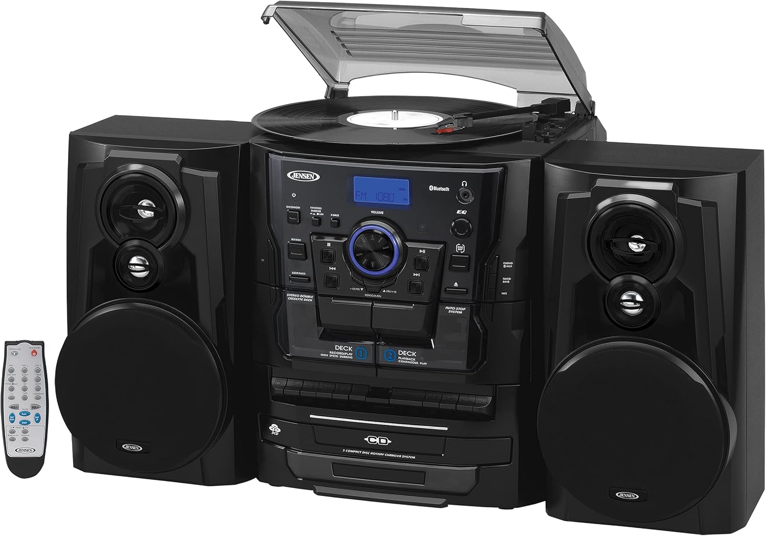 Jensen® Bluetooth® 3 Speed Stereo Turntable 3 CD Changer Music System with Dual Cassette Deck, Pitch Control and Remote Control