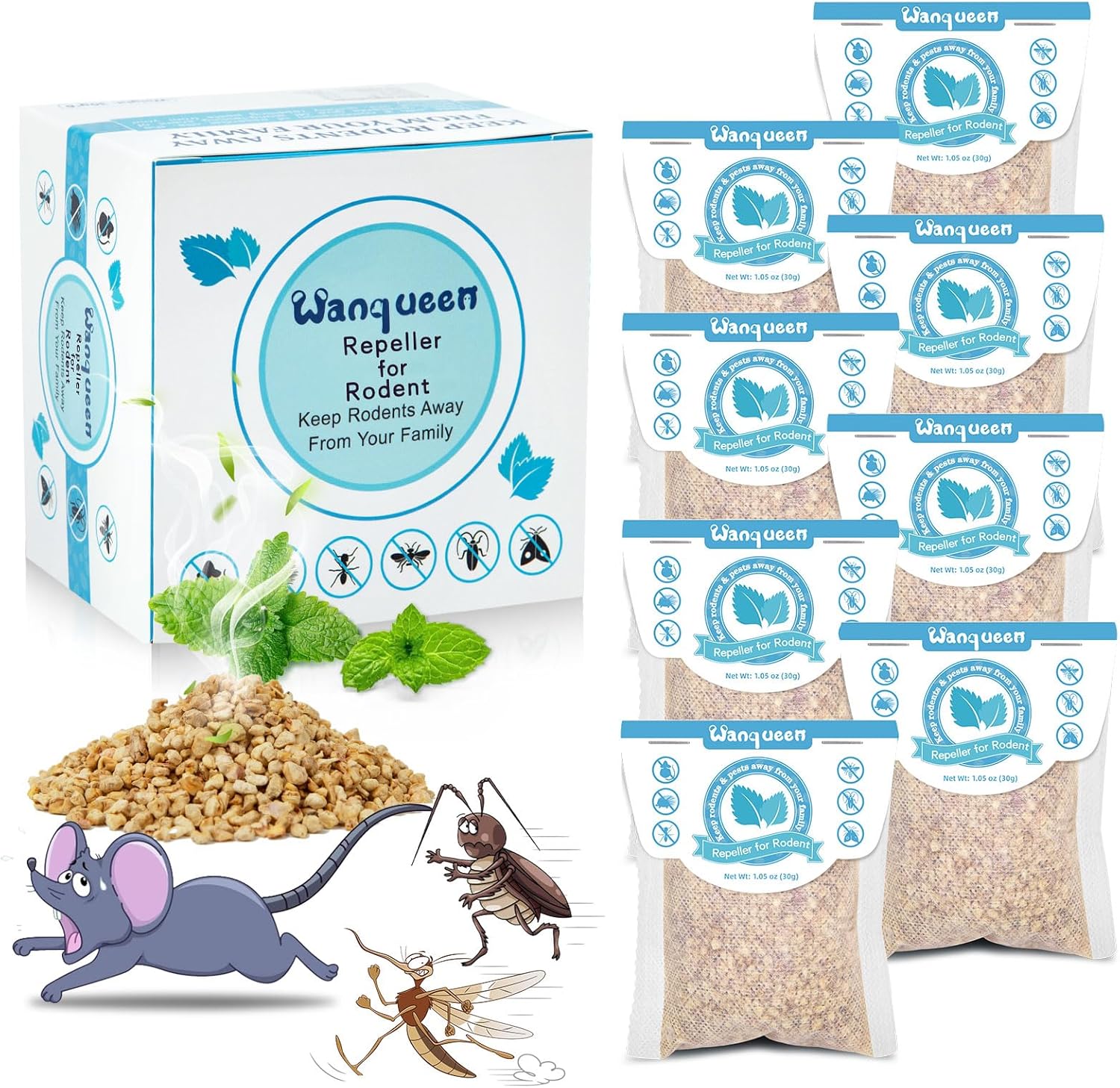 8 Pack Rodent Repellent Pouches with Peppermint Oil, Mouse Deterrent, Natural Indoor & Outdoor Mice Repellent, Best Mouse Repellent, Natural Rat Repellents for House - Safe for Pets and Kids