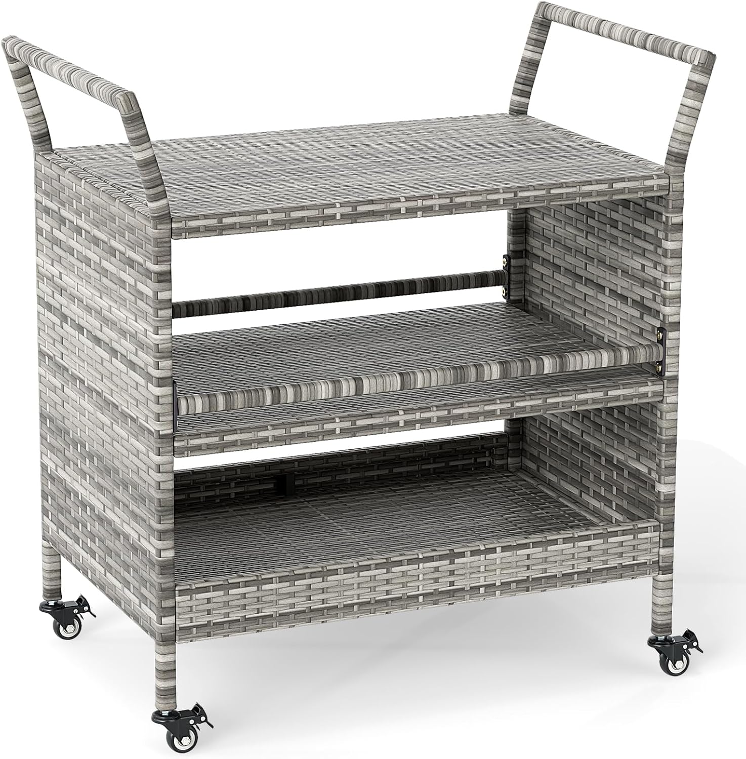 TANGZON Outdoor Bar Serving Cart, 3-Tier Rattan Rolling Cart with 4 Lockable Wheels & 2 Side Handles, Bar Trolley Utility Storage Shelves for Garden Balcony Backyard Poolside (Mix Grey)