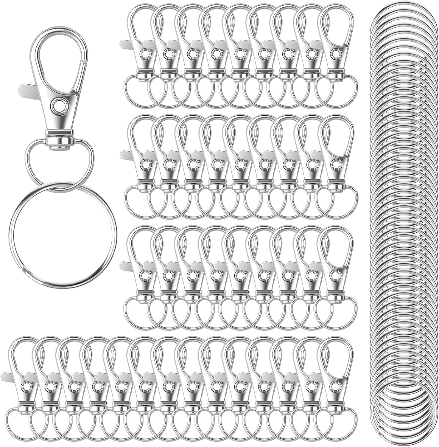 HXSEMAYIG 100PCS Keychain Hooks with Key Rings,.Metal Swivel Lobster Claw Clasps, for Keychain Clip Lanyard, Jewelry Making, Crafts (Silver)