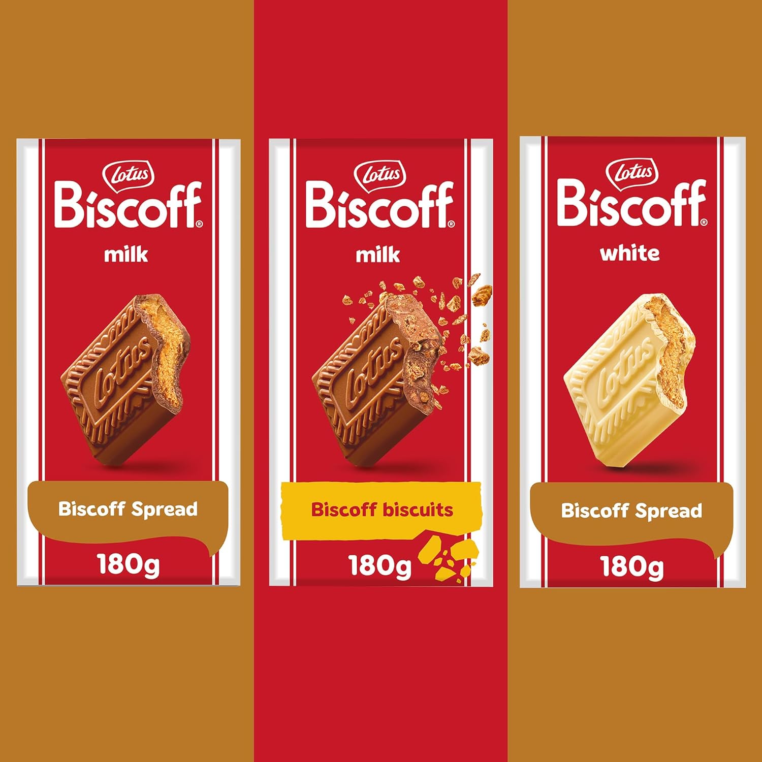Lotus Biscoff Chocolate Bar 3 x 180g - Milk Biscoff Spread, Milk Biscoff Biscuit, White Biscoff Spread. Biscoff Bar 2 x Milk Chocolate and 1 x White Chocolate.
