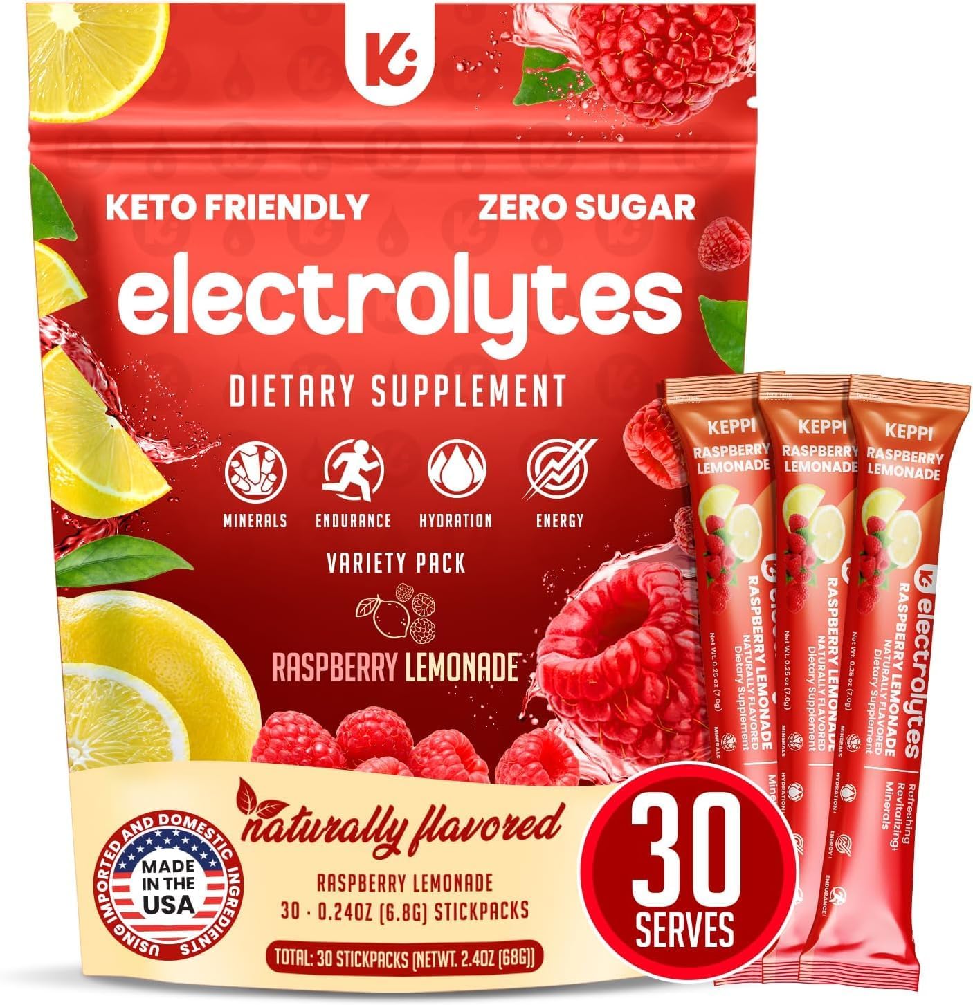 Keppi Electrolytes Hydration Packets 30 Serves - Sugar Free Electrolytes Powder Packets - Made in USA - Delicious Keto Electrolytes - Electrolyte Powder Mixes Easily - Keto Hydration Pack