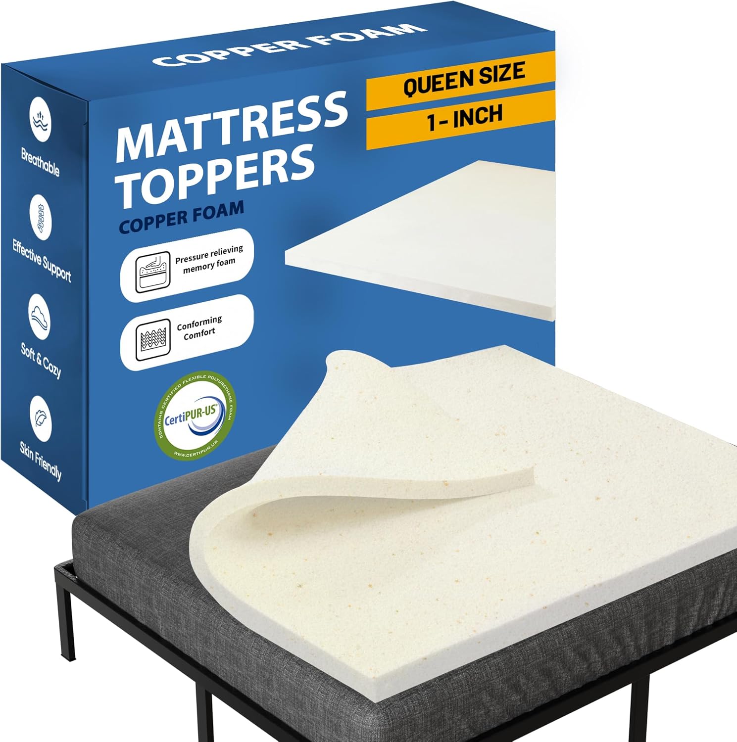 Greaton, 1-Inch Copper-Infused Memory Foam Mattress Toppers, Cooling and Pressure Relieving with Airflow Design, Queen, Beige