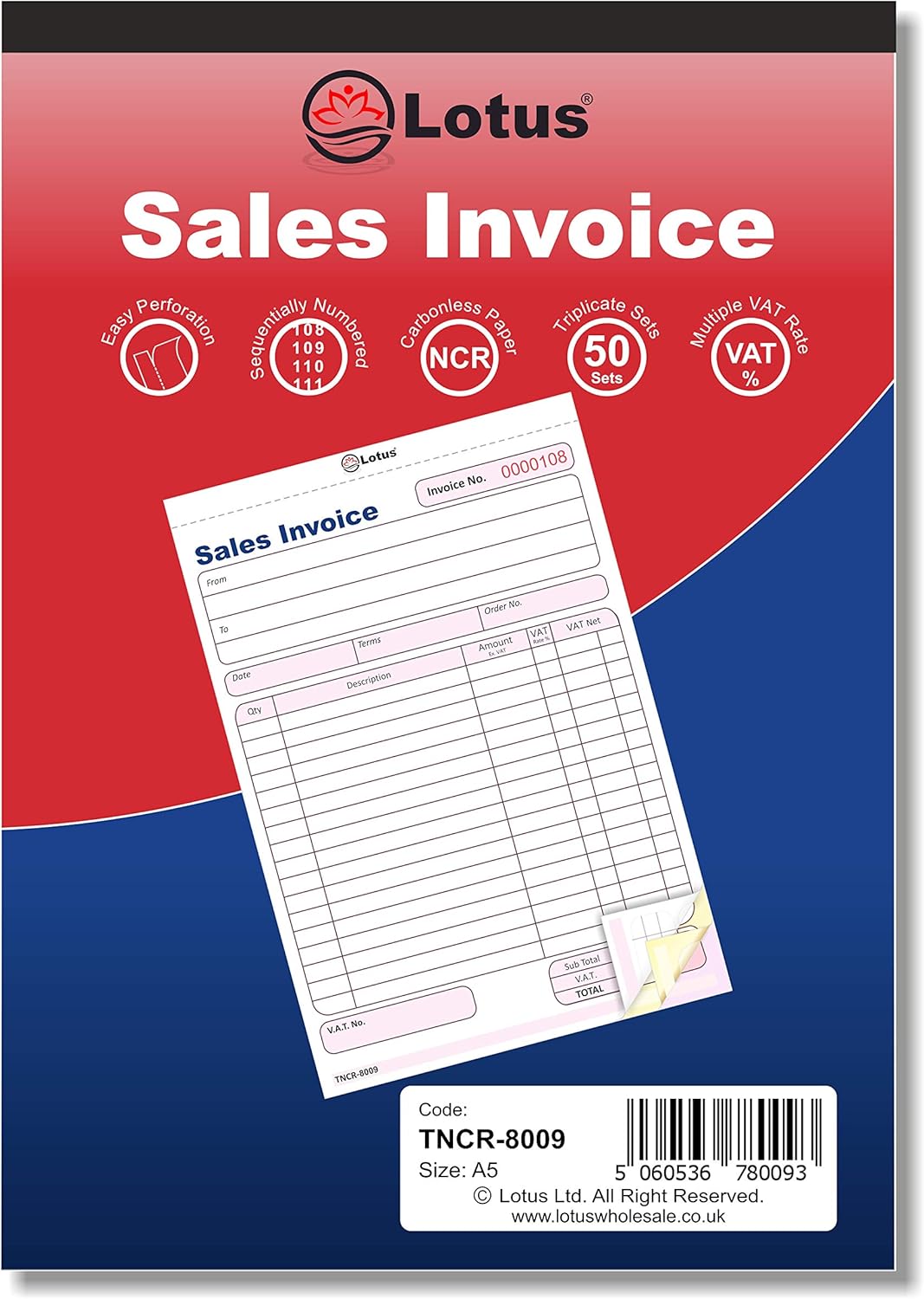 Lotus Triplicate Sales Invoice Book |3-Part Sales Order Book A5 | Carbon Copy Receipts |Business Receipts Book | Duplicate Invoice Book | Stationery Supplies |Office Essentials |143x210mm TNCR-8009