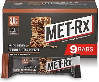 MET-Rx Big 100 Colossal Protein Bars, Great as Healthy Meal Replacement, Snack, and Help Support Energy, Peanut Butter Pretzel, With Vitamin A, Vitamin C, and Zinc, 100 g, (Pack of 9)