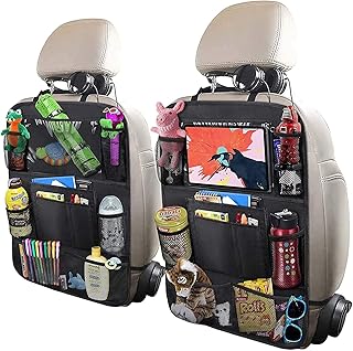 Car Backseat Organizer with 10" Table Holder, 9 Storage Pockets Seat Back Protectors Kick Mats for Kids Toddlers, Travel Accessories, 2 Pack