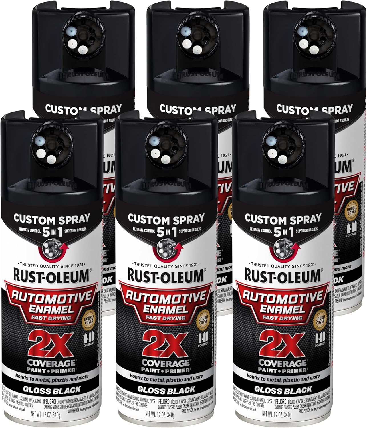 Rust-Oleum 2X Automotive Enamel Custom Spray 5-in-1 Spray Paint, 12 oz, Gloss Black, 6 Pack