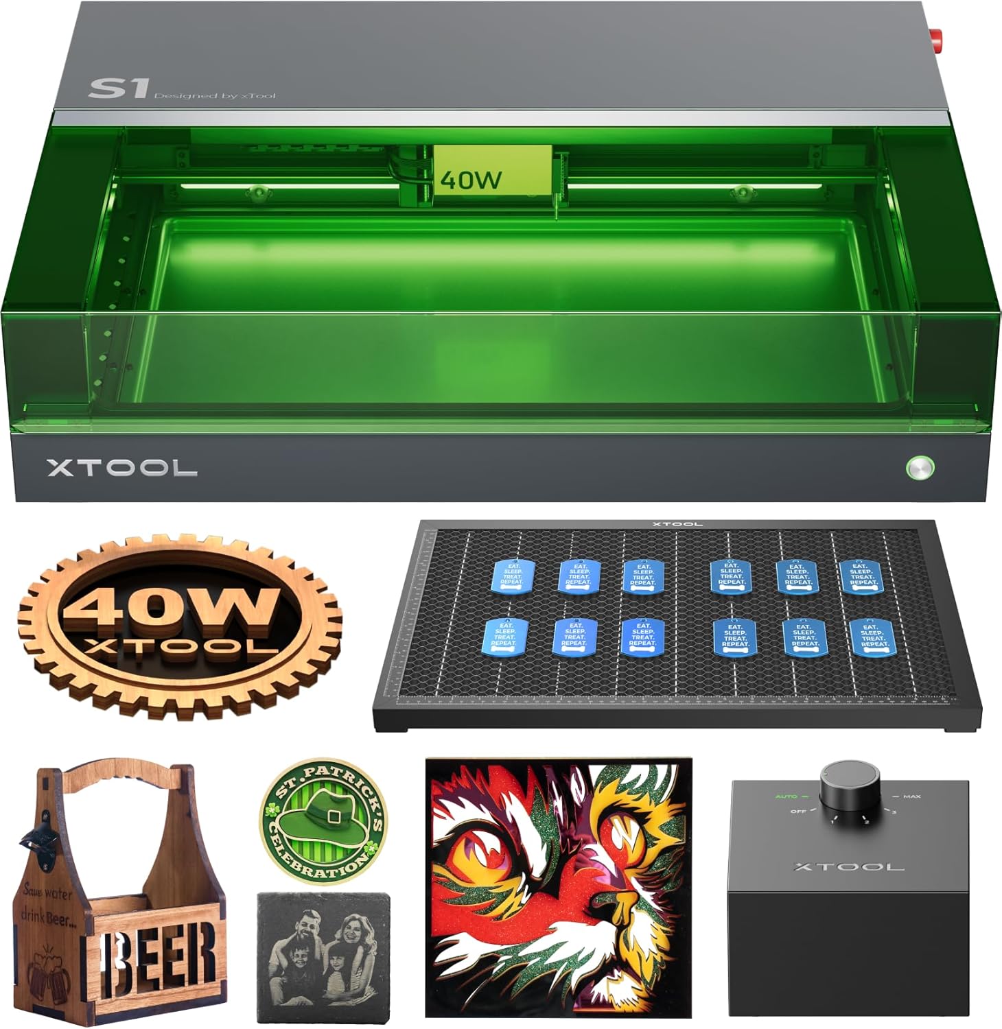 xTool S1 40W Engraving Machine with Honeycomb Working Sheet & Air Assit, Auto Focus, Enclosed Cutter and Engraver Machine for Metal, Leather, Acrylic and Glass, Class I Safety