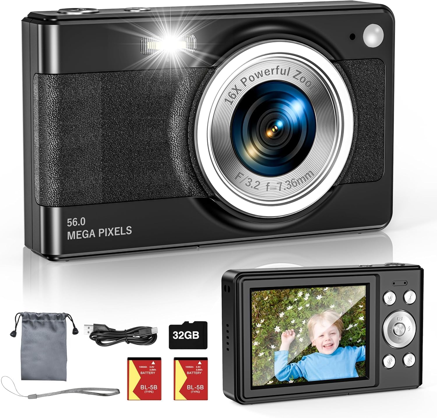 Upgrade Digital Camera, 56MP FHD 1080P 16X Kids Digital Zoom Camera, 32GB TF Card, Portable Mini Camera with 2 Batteries, Lanyard, Compact Small Camera for Kids Boys Girls（Black）