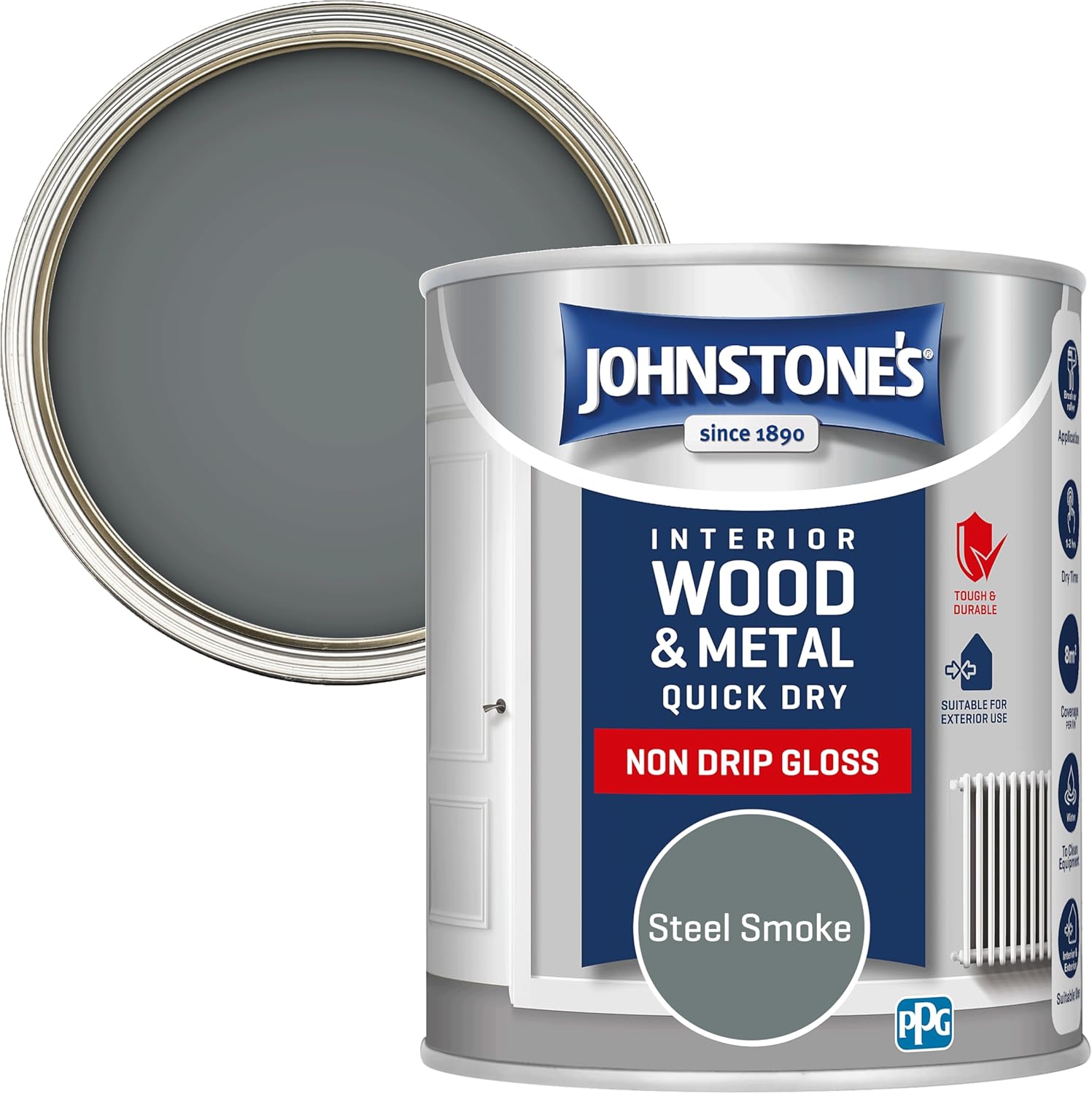Johnstone's - Wood & Metal Paint - Gloss Finish - Steel Smoke - 750ml - Water Based - Non Drip & Quick Drying - Radiator Paint - Low Odour - Dry in 1-2 Hours - 8m2 Coverage per Litre