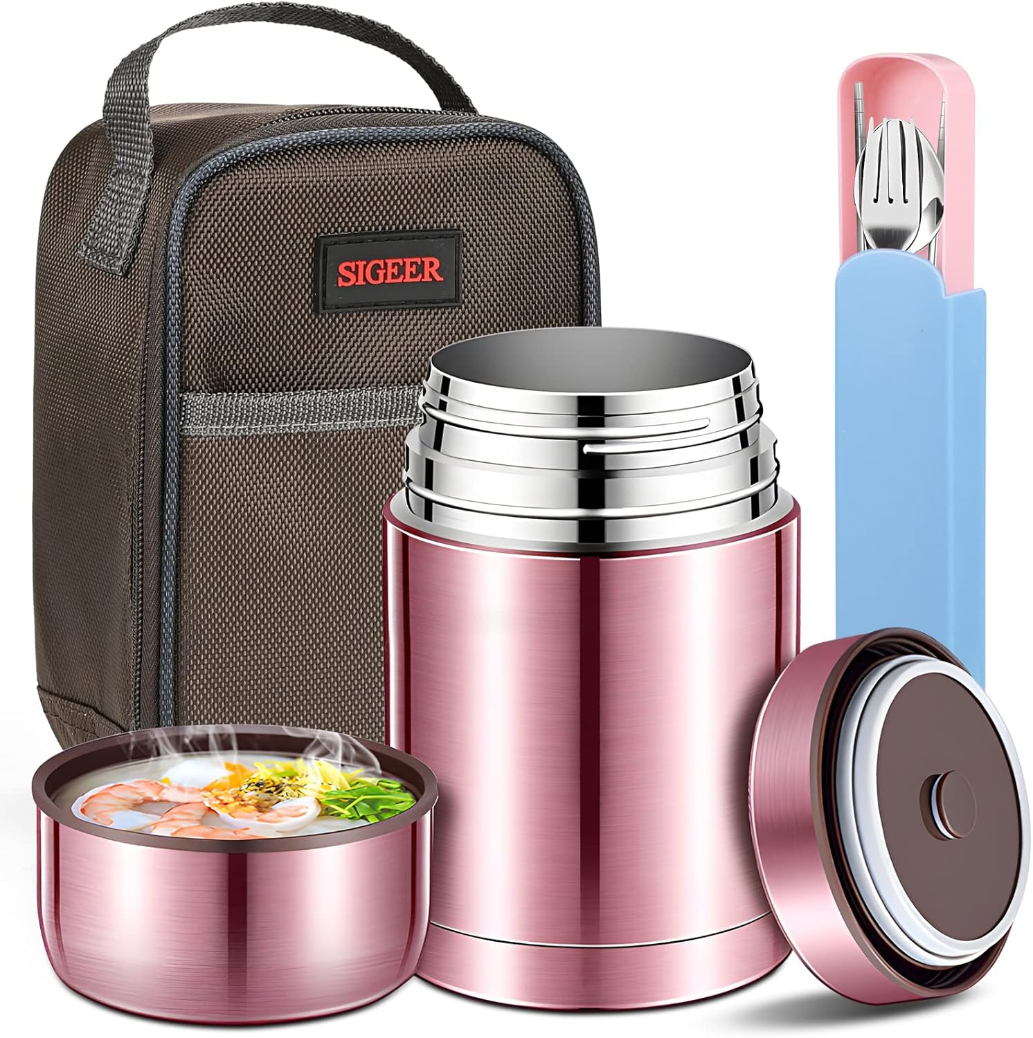 Food Flask, 800ml Vacuum Insulated Food Jar Soup Flask for Hot Cold Food Stainless Steel Double Walled Vacuum Insulated Food Containers with the Spoon Fork Chopsticks & Lunch Bag for Kids & Adults