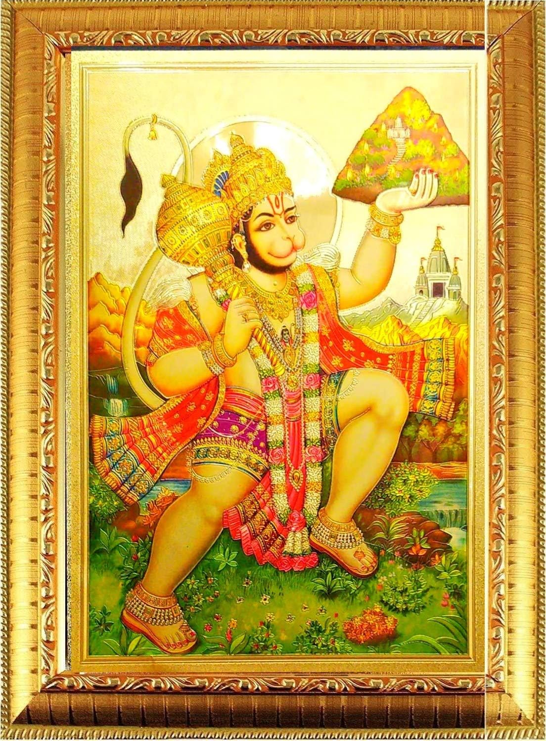 Suninow Wood Gold Foil Embossed Hanuman Ji Photo Frame | God Goddess Frame, 33 Cm