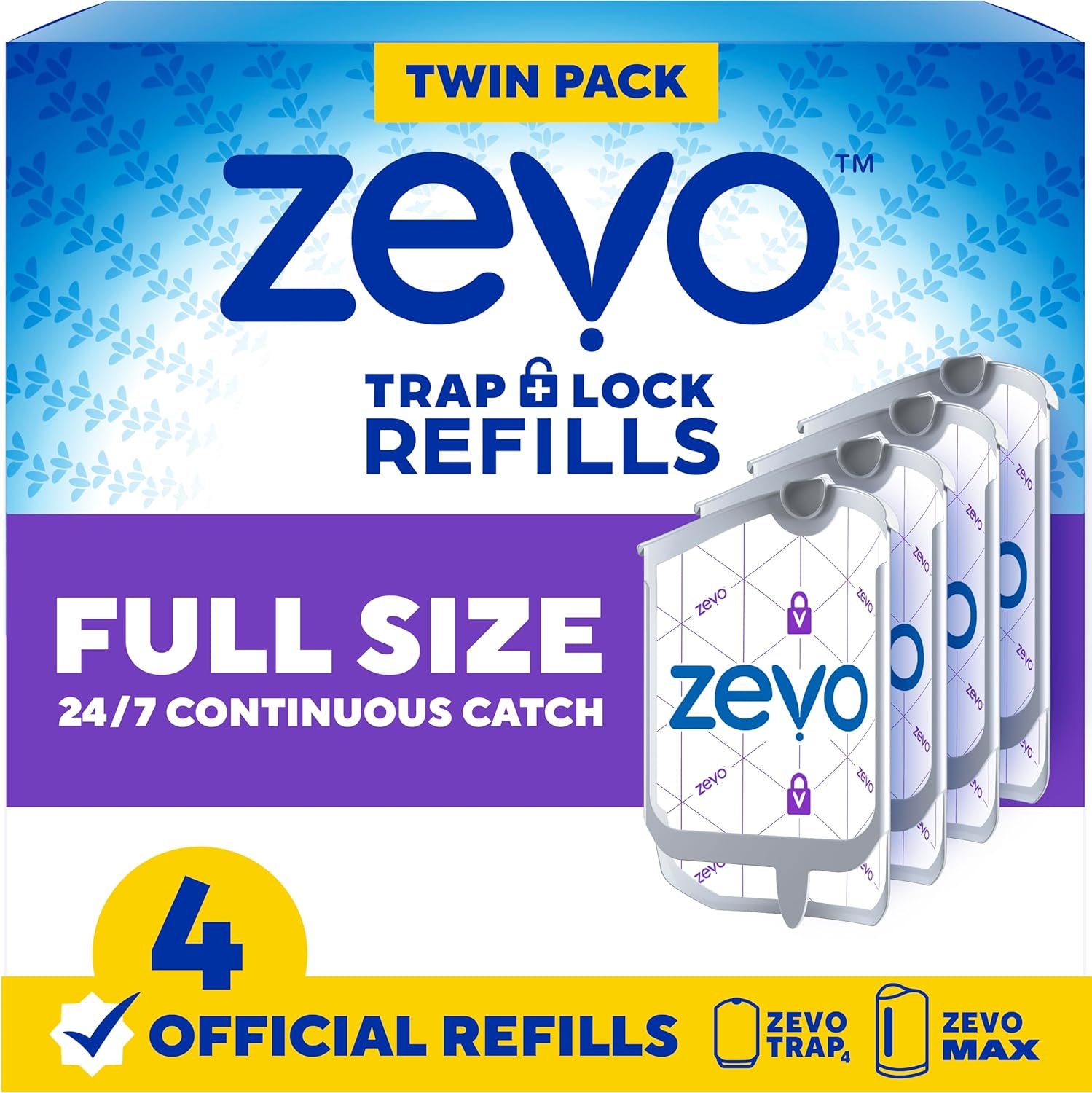 Zevo Flying Insect Trap Official Refill Cartridges - Fits Both Zevo Trap & MAX Indoor Fly Trap - Authentic Trap+Lock Technology to Catch Gnats, House & Fruit Flies (4 Official Refill Cartridges)