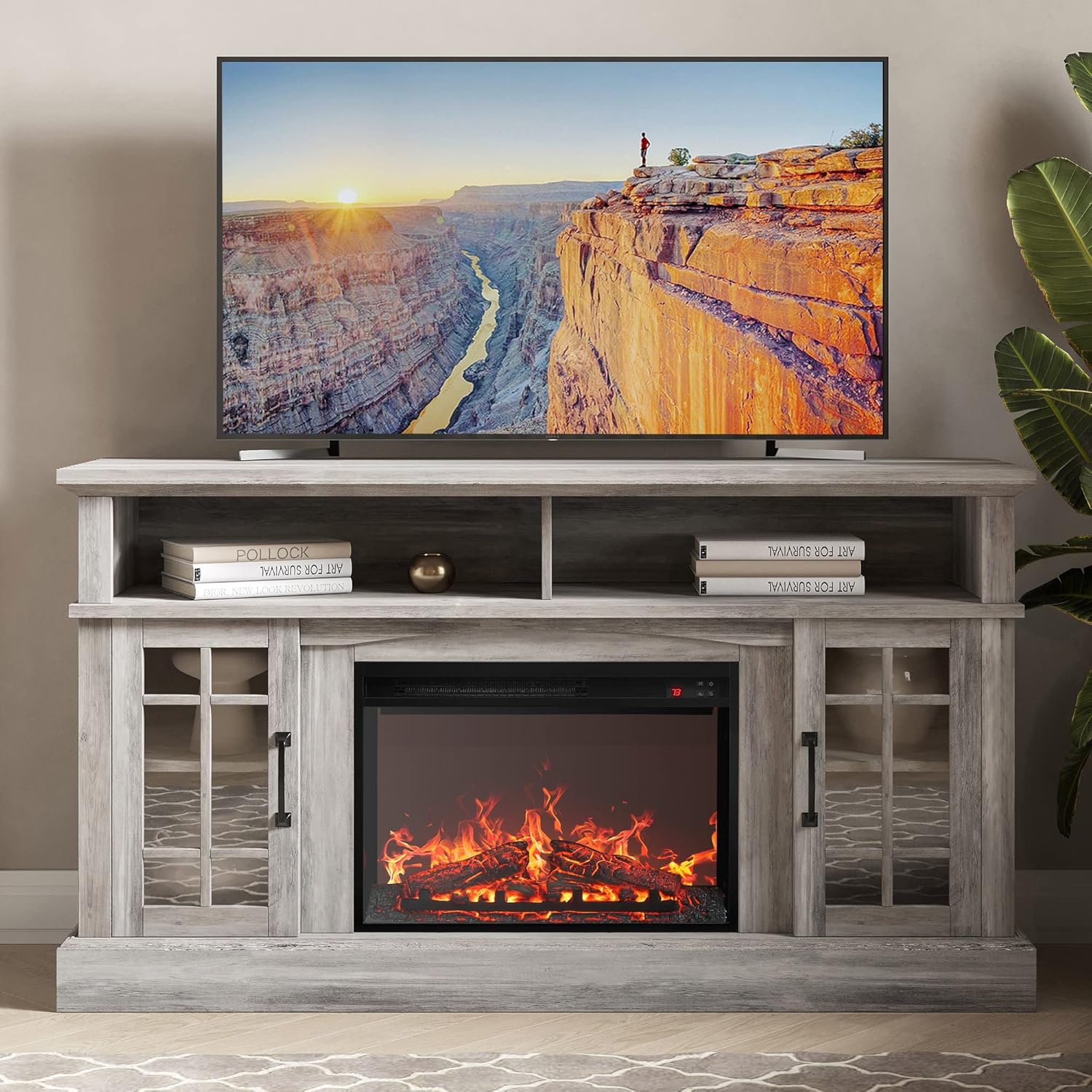 BELLEZE Traditional 58" Rustic TV Stand with 23" Electric Fireplace Heater with Sound, Media Entertainment Center Console Table for TV up to 65" with Open Storage Shelves and Cabinets - Grey Wash