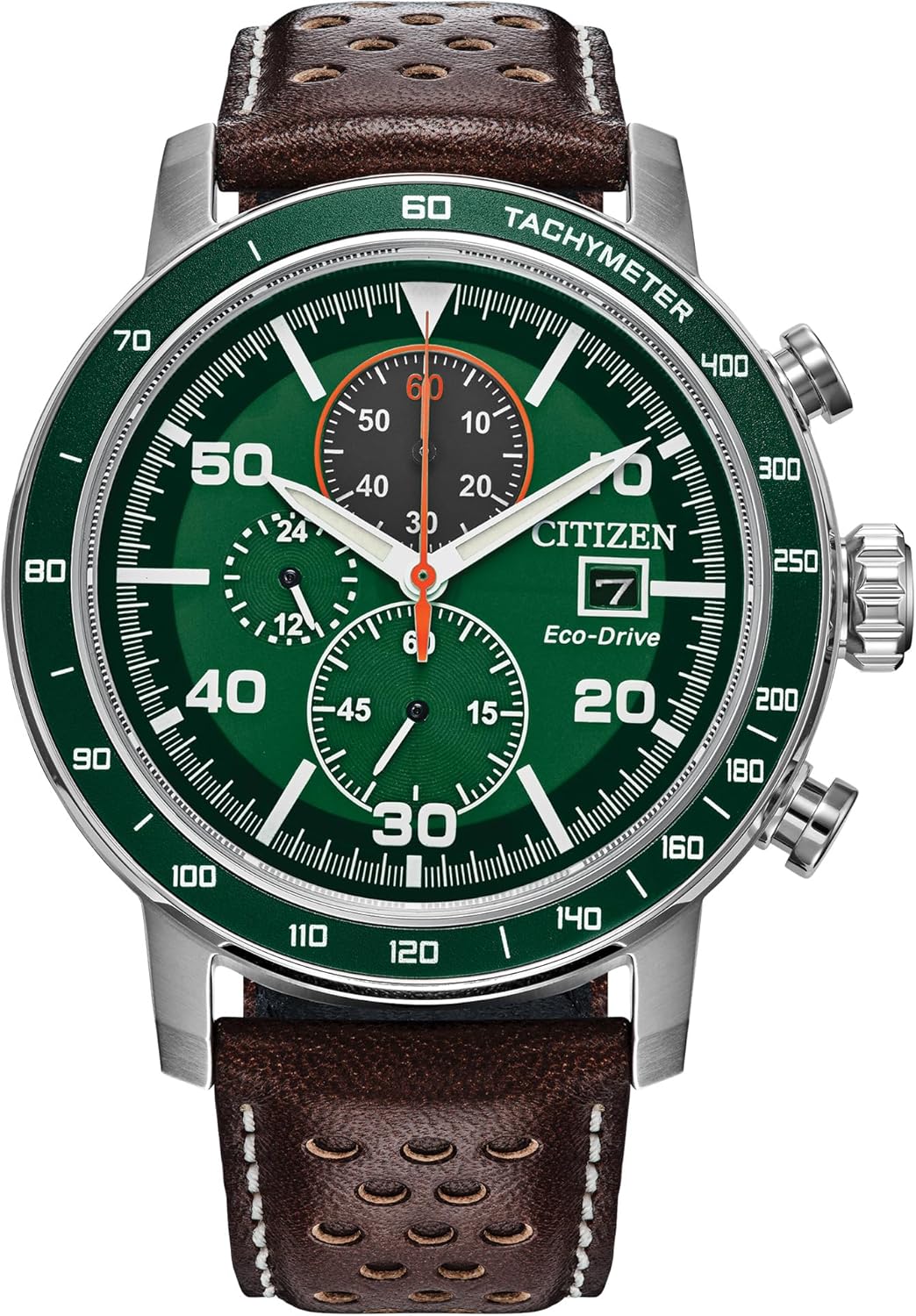 Citizen Men's Eco-Drive Weekender Brycen Chronograph Watch in Stainless Steel, Brown Preforated Leather Strap, Green Bezel, Time/Date, 3 Hand, Green Dial (Model:CA0851-05X)