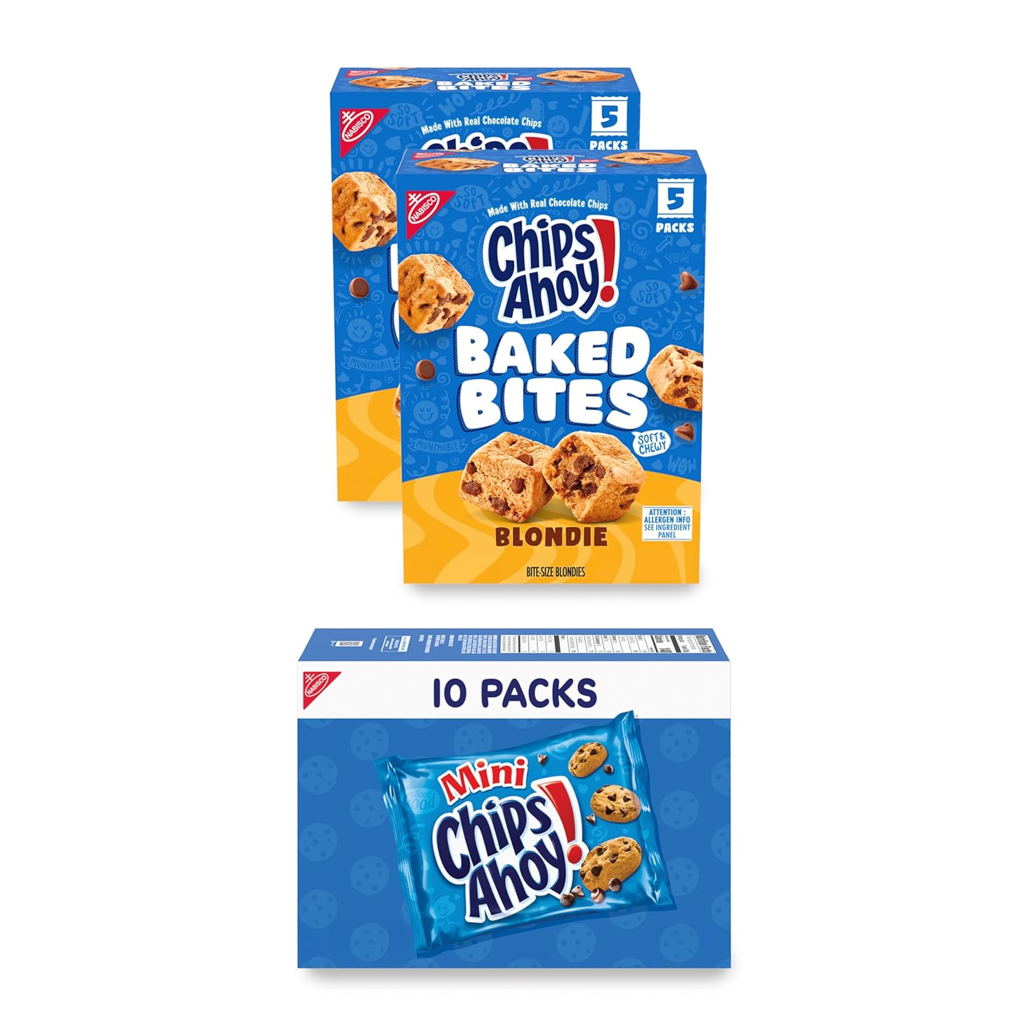 CHIPS AHOY! Baked Bites and Mini Cookies Variety Pack, 2 Boxes CHIPS AHOY! Baked Bites, Blondie and 1 Box CHIPS AHOY! Mini Original Chocolate Chip Cookies, 20 Total Snack Packs (3 Boxes)
