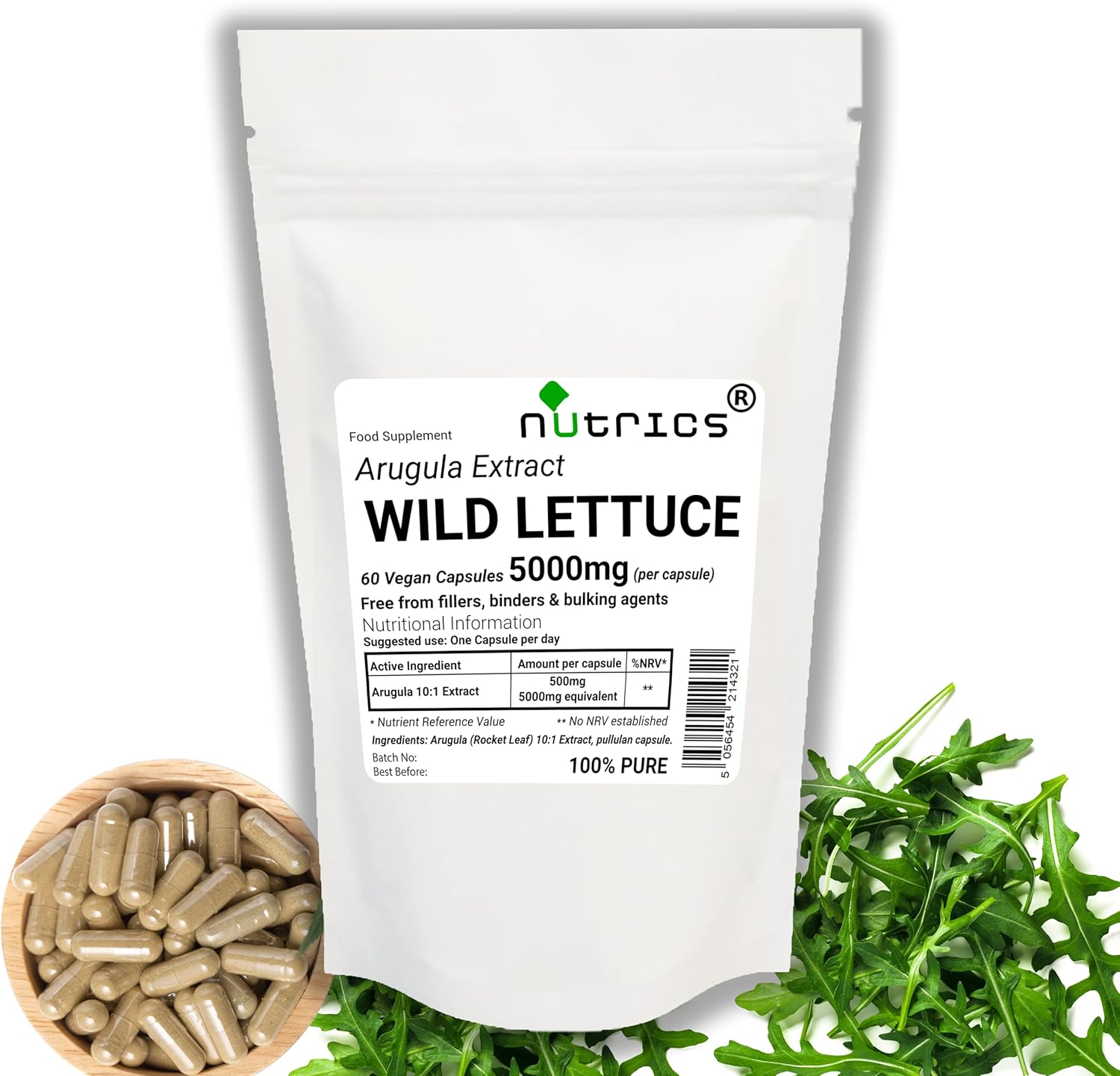 Wild Lettuce ARUGULA Extract 5000mg (per Capsule) x 60 V Capsules - 10:1 Extract - Ten Times Stronger (2 Months Supply) Vegan Vegetarian Dietary Supplement