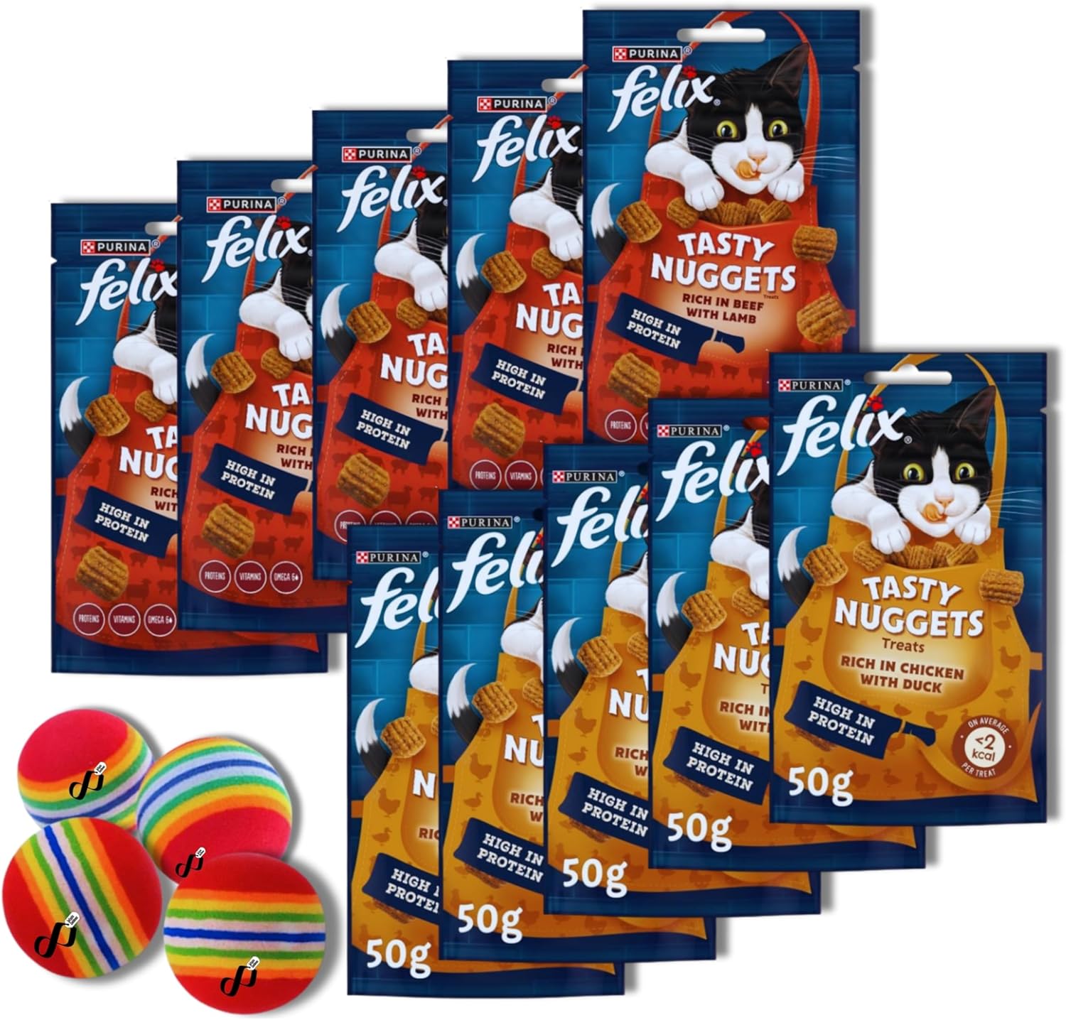 Felix Cat Treats Bundle With Chicken & Duck, Beef & Lamb Tasty Nuggets Cat Snacks 10 Pouches & Infinite Emblems Toy Balls